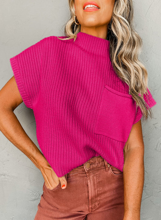 Rose Red Patch Pocket Ribbed Knit Short Sleeve Sweater