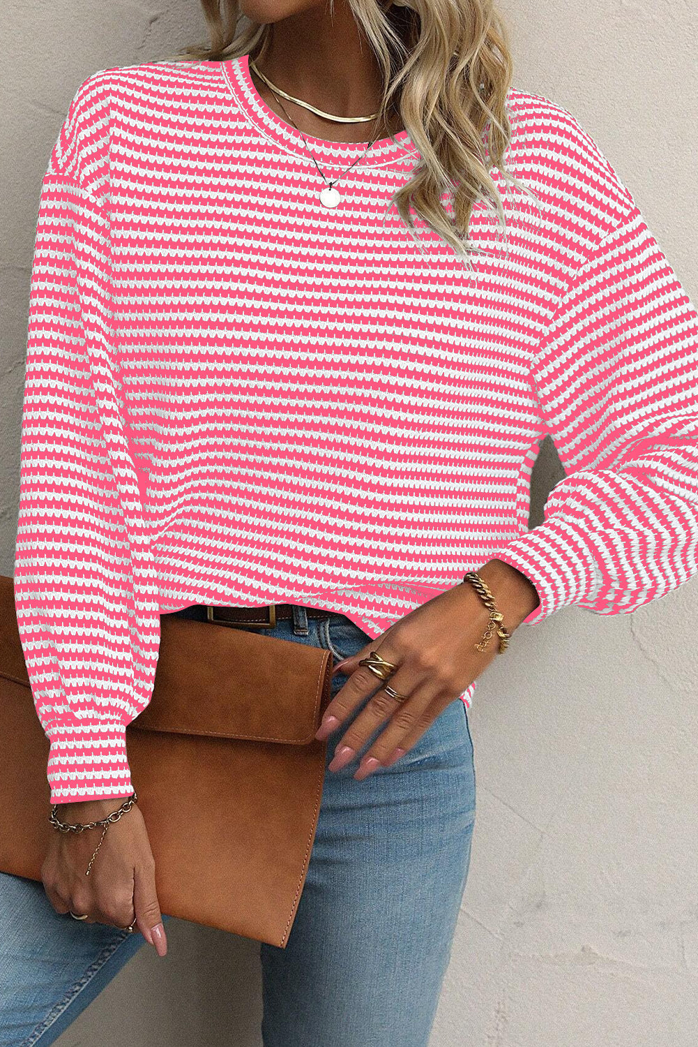 Khaki Stripe Round Neck Drop Shoulder Long Sleeve Top