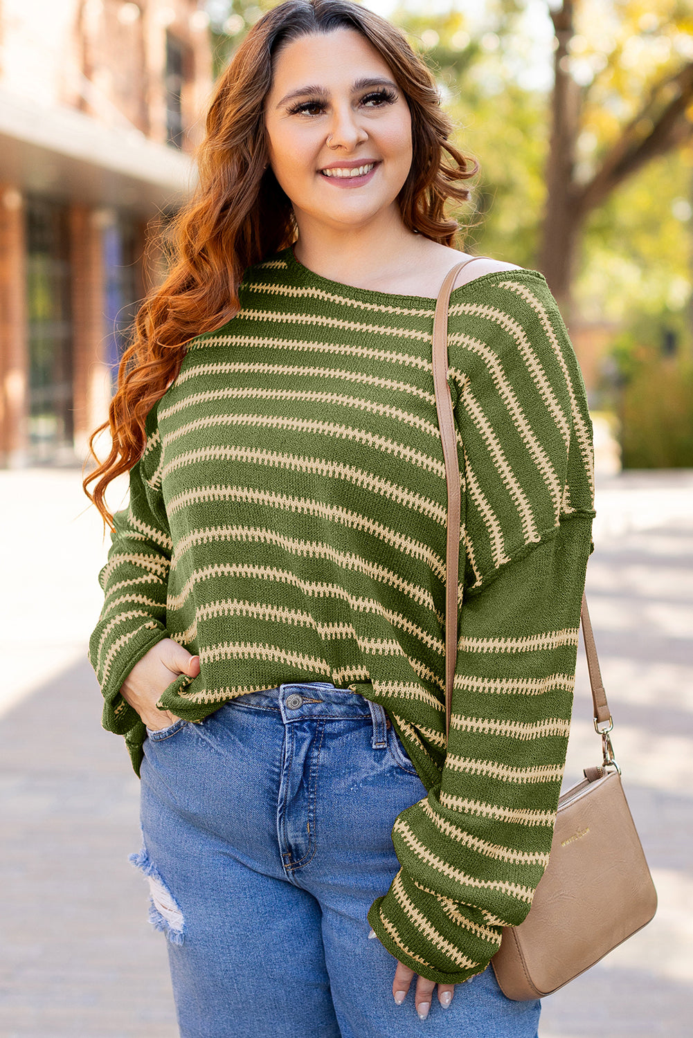 Brown Stripe Drop Shoulder Casual Sweater