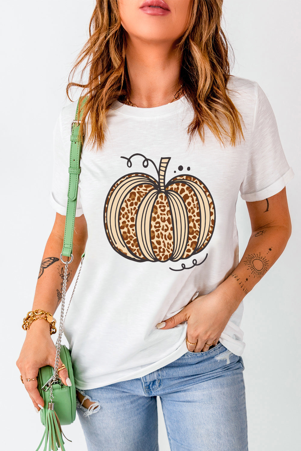 White Leopard Pumpkin Graphic Crewneck Halloween T Shirt