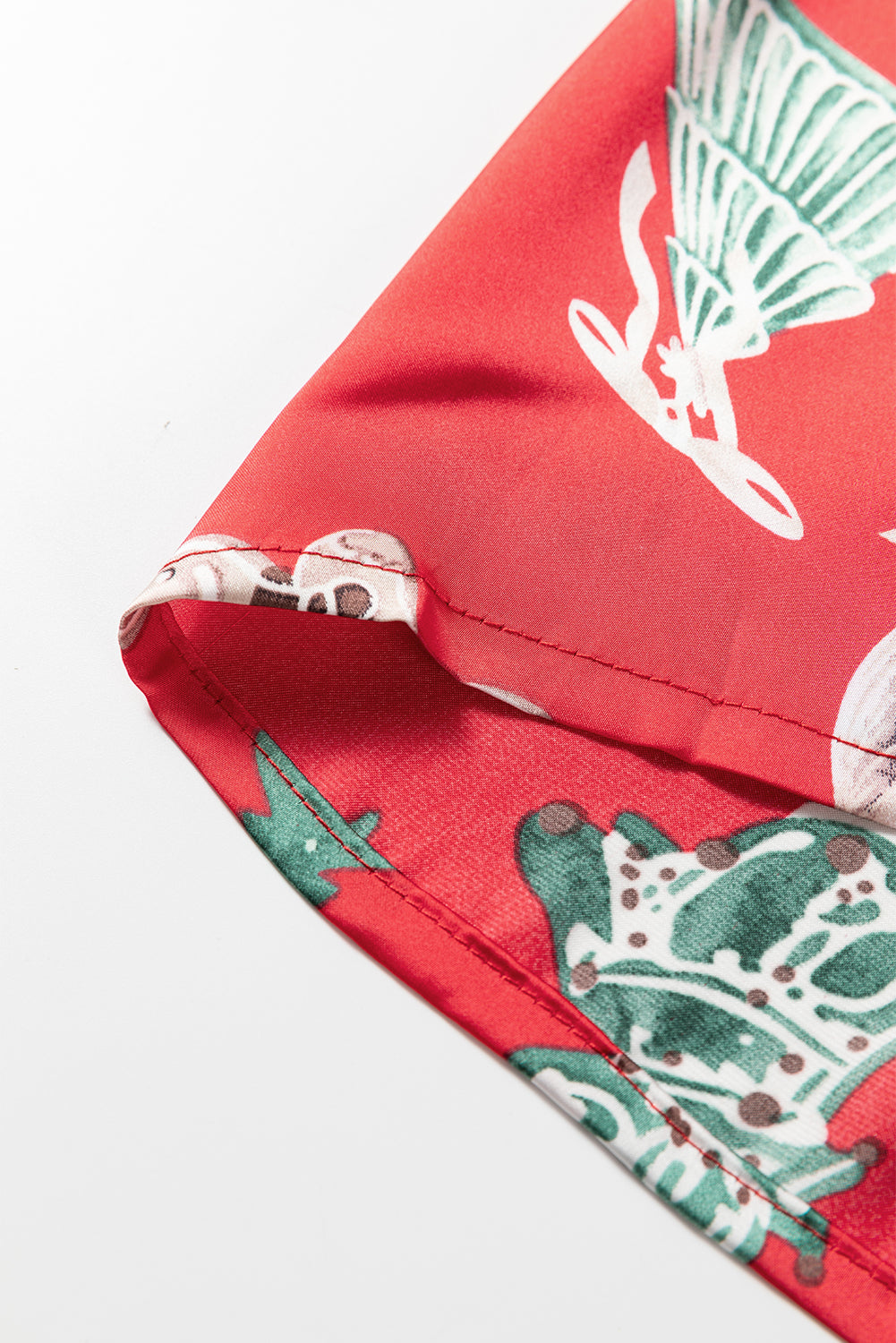 Red Christmas Fashion Print Contrast Ruffle Trim Ribbon Bow Knot 2pcs Pajama Set