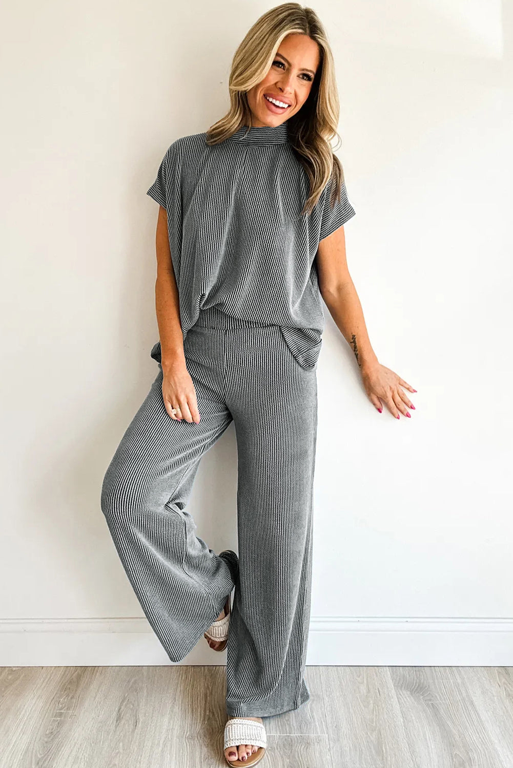 Burgundy Twisted Ribbed High Neck Loose Tee Elastic High Waist Loose Pant Set