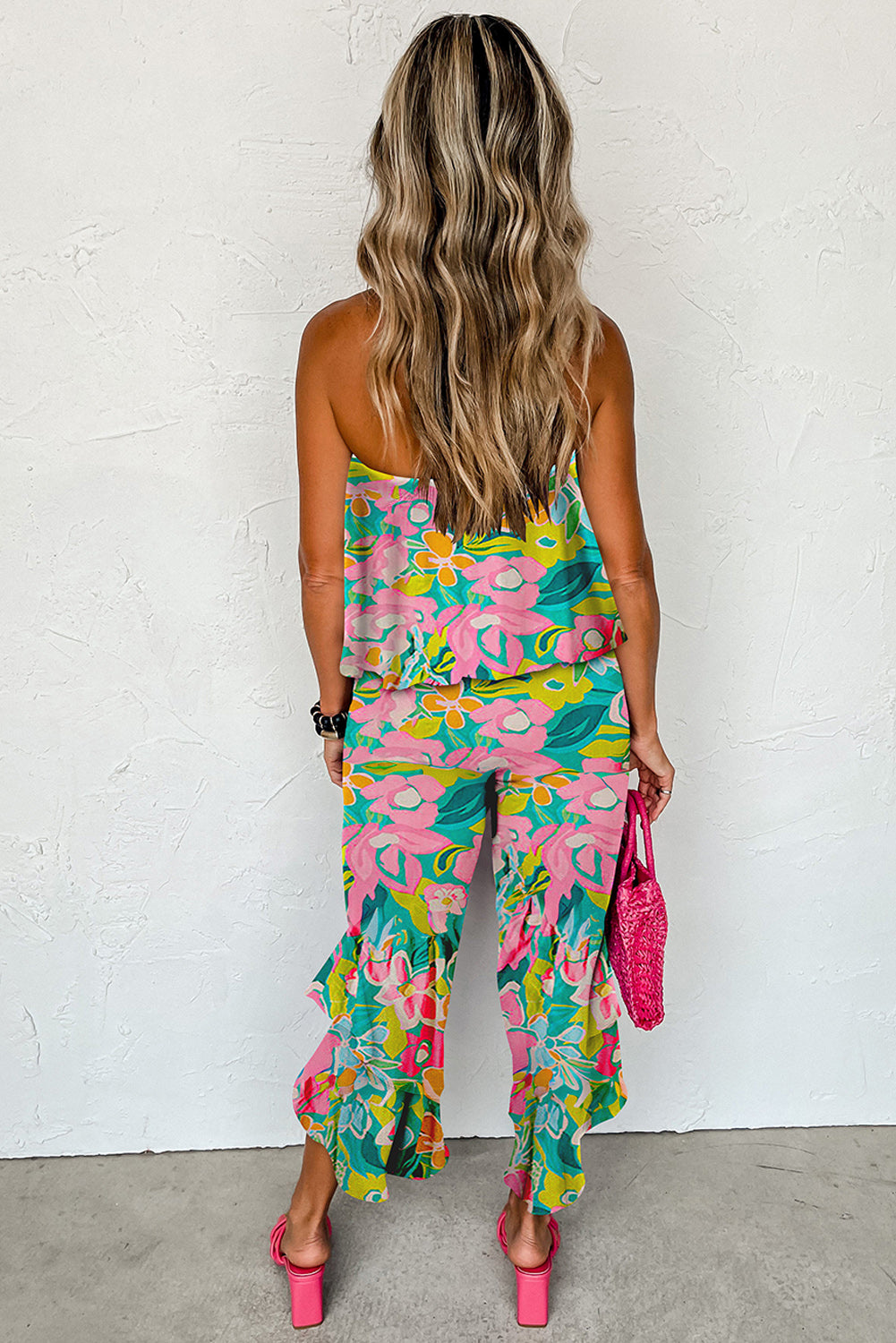 Blue Mix Tropical Print Strapless Ruffled Jumpsuit