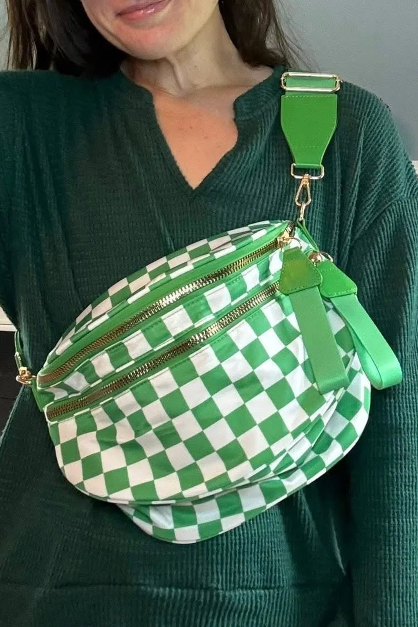Bright Pink Checkered Print Wide Strap Large Crossbody Bag
