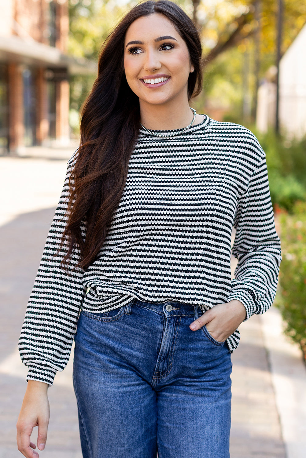 Khaki Stripe Round Neck Drop Shoulder Long Sleeve Top