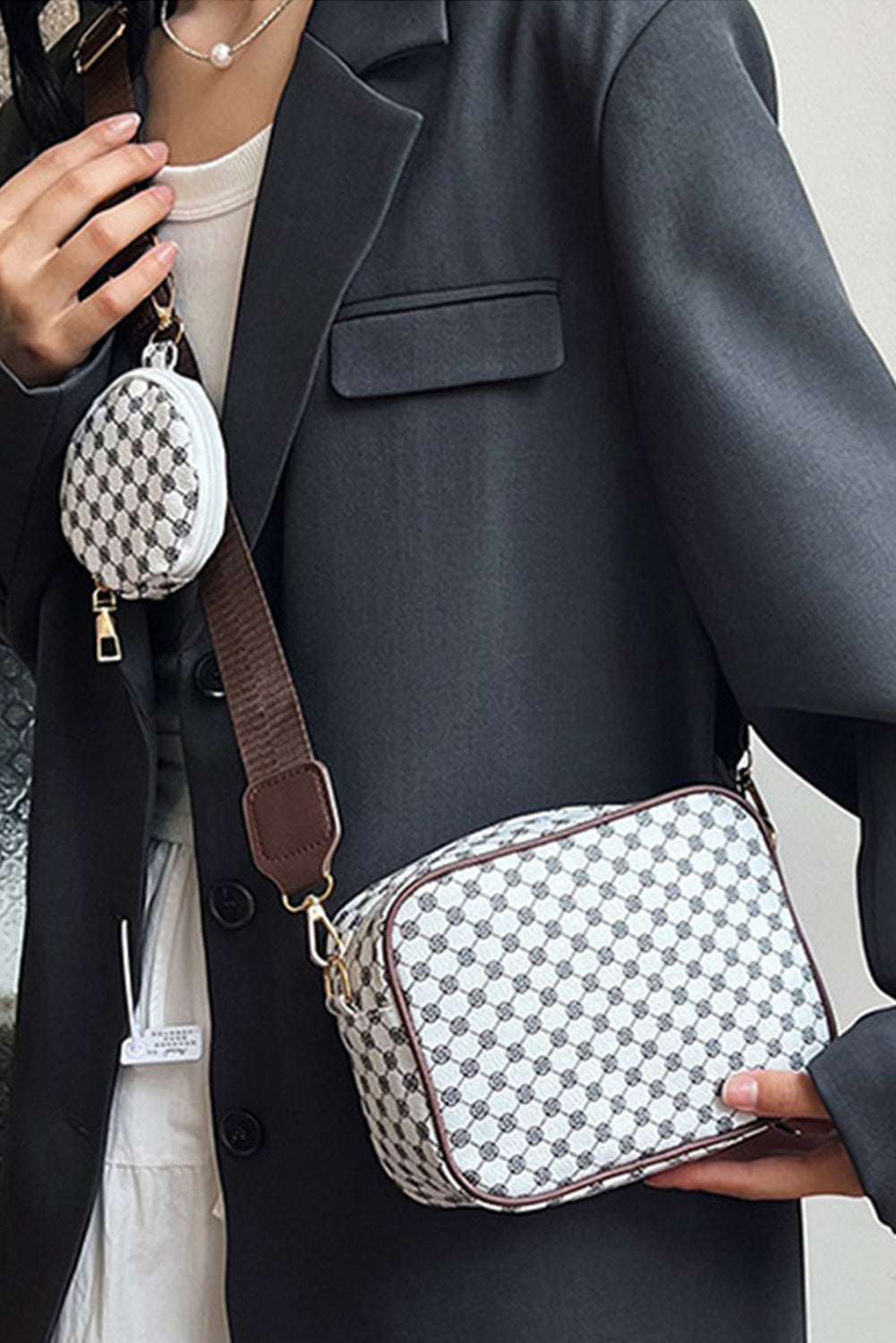 Coffee PU Leather Geometric Pattern Adjustable Strap Shoulder Bag with Wallet