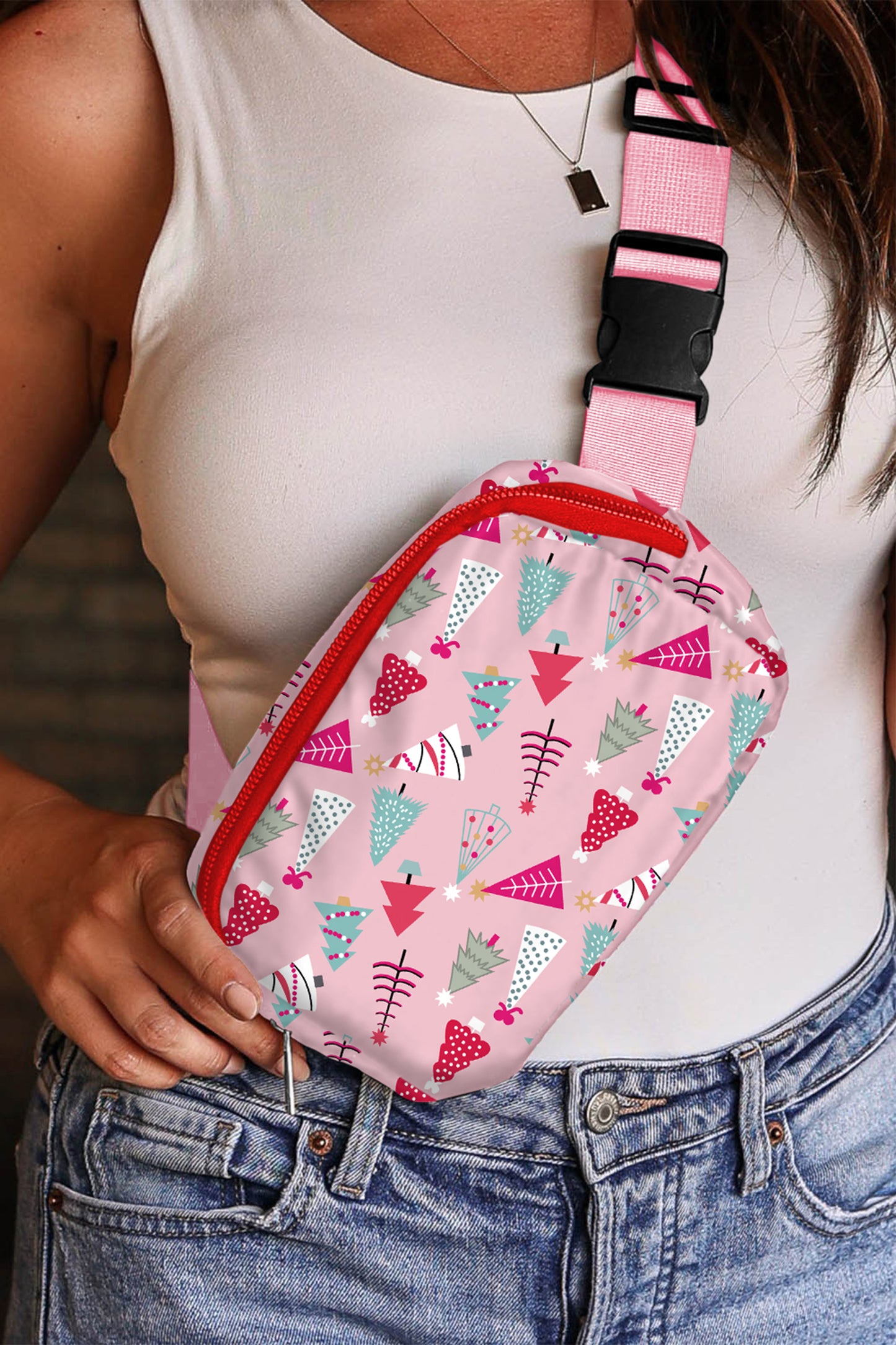 Pink Christmas Tree Print Buckle Wide Strap Sling Bag