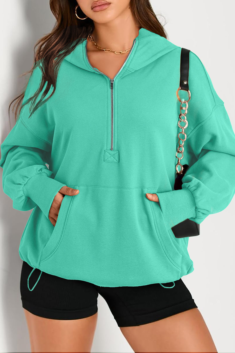 Valerian Solid Kangaroo Pocket Half Zipper Oversized Hoodie