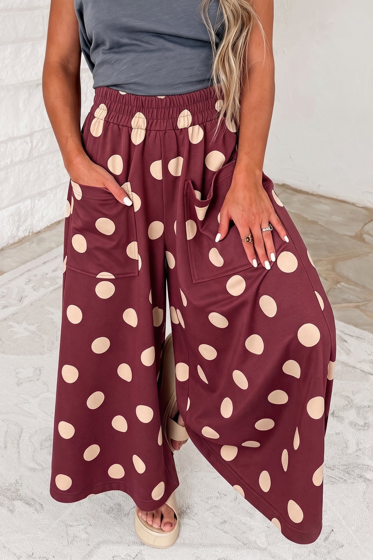 Sail Blue Polka Dot Wide Leg Elastic Waist Casual Pants