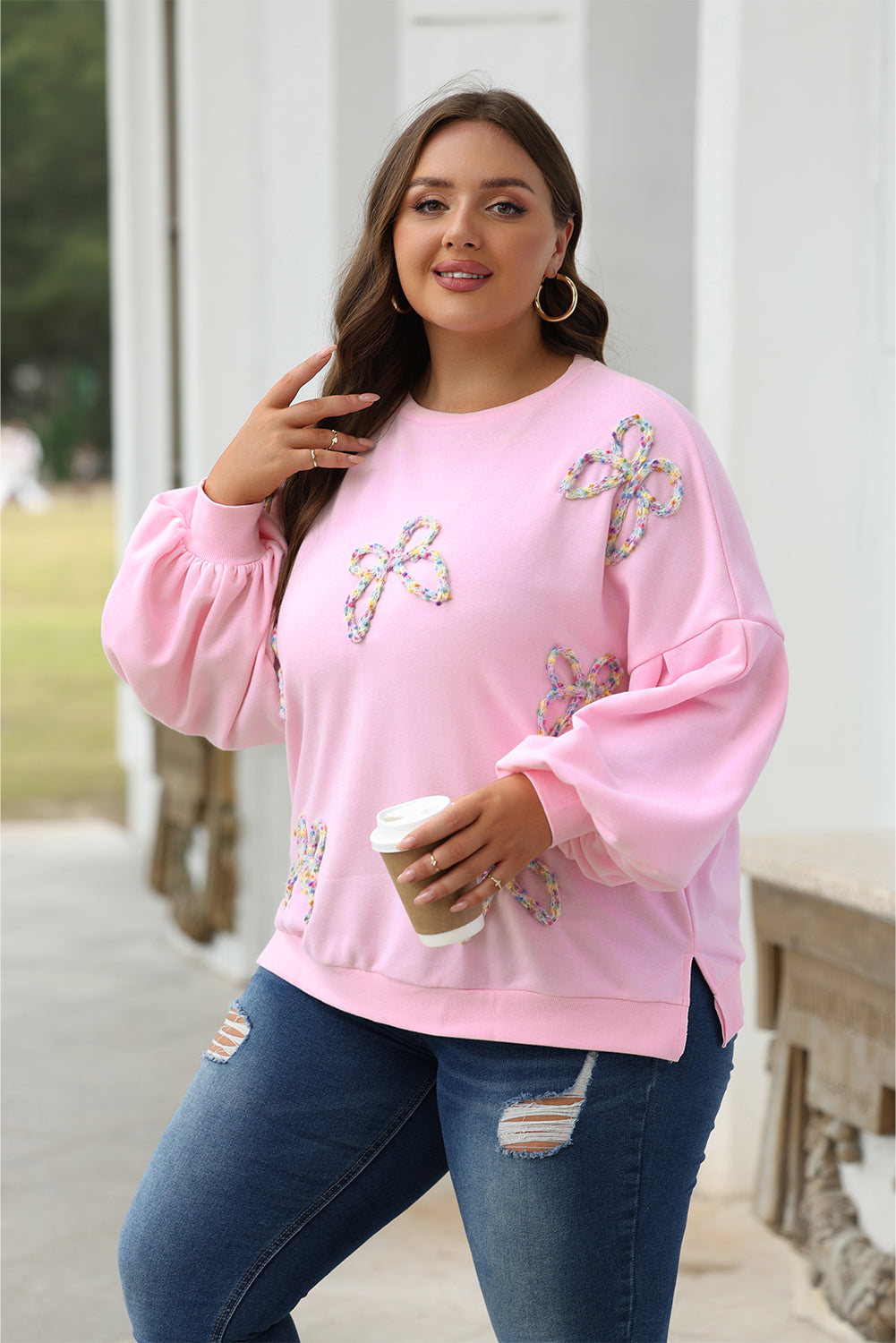 Parchment Embroidered Bow Lantern Sleeve Oversized Pullover Sweatshirt