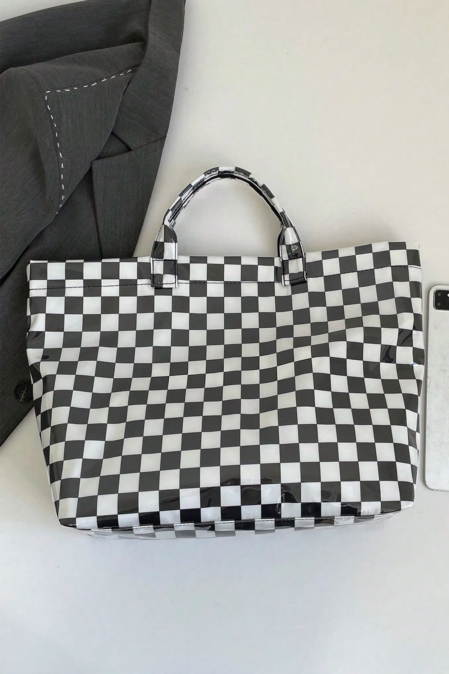 Fiery Red Plaid Pattern PVC Glossy Waterproof Tote Bag