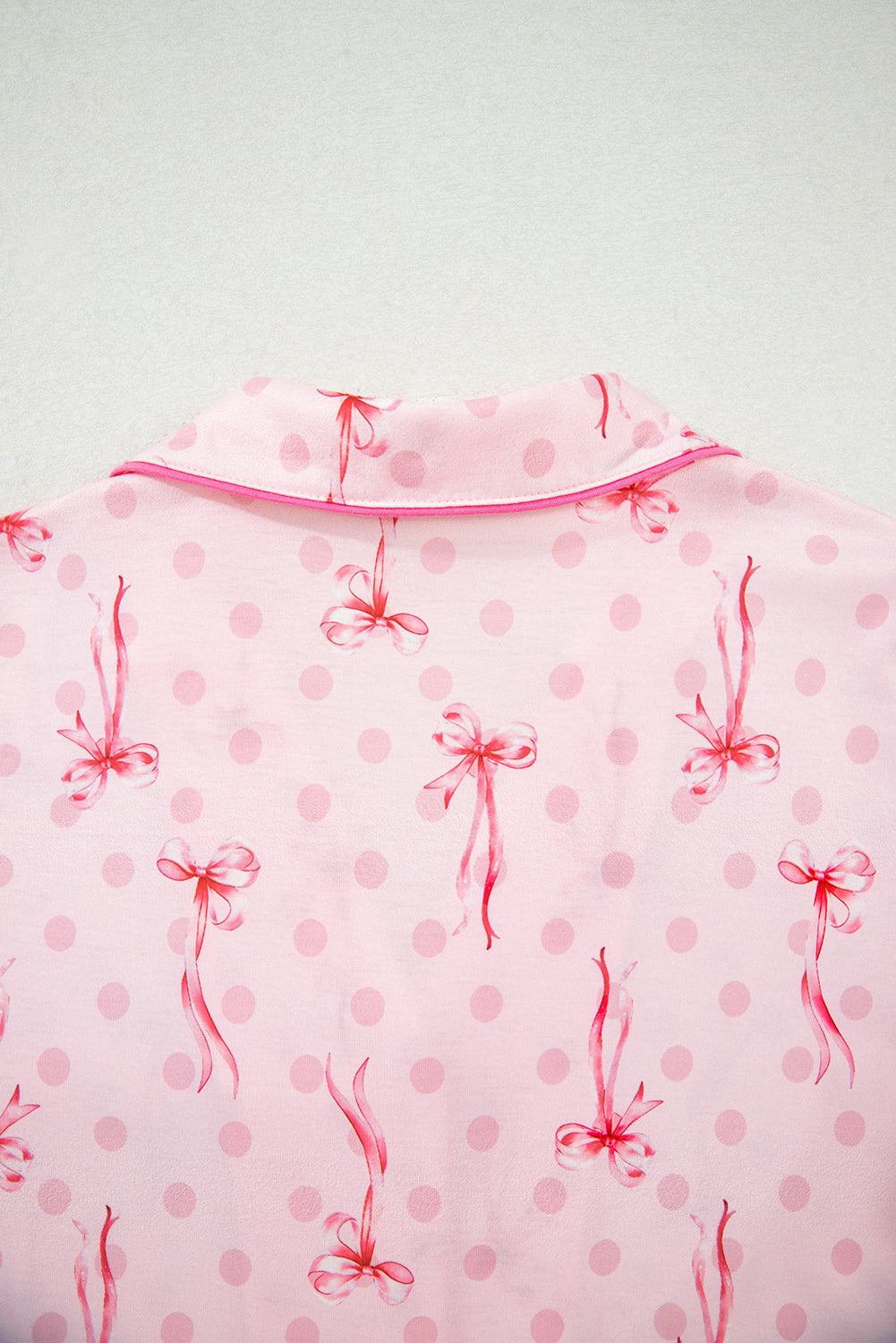 Pink Bow Print Contrast Pipping Short Pajamas Set