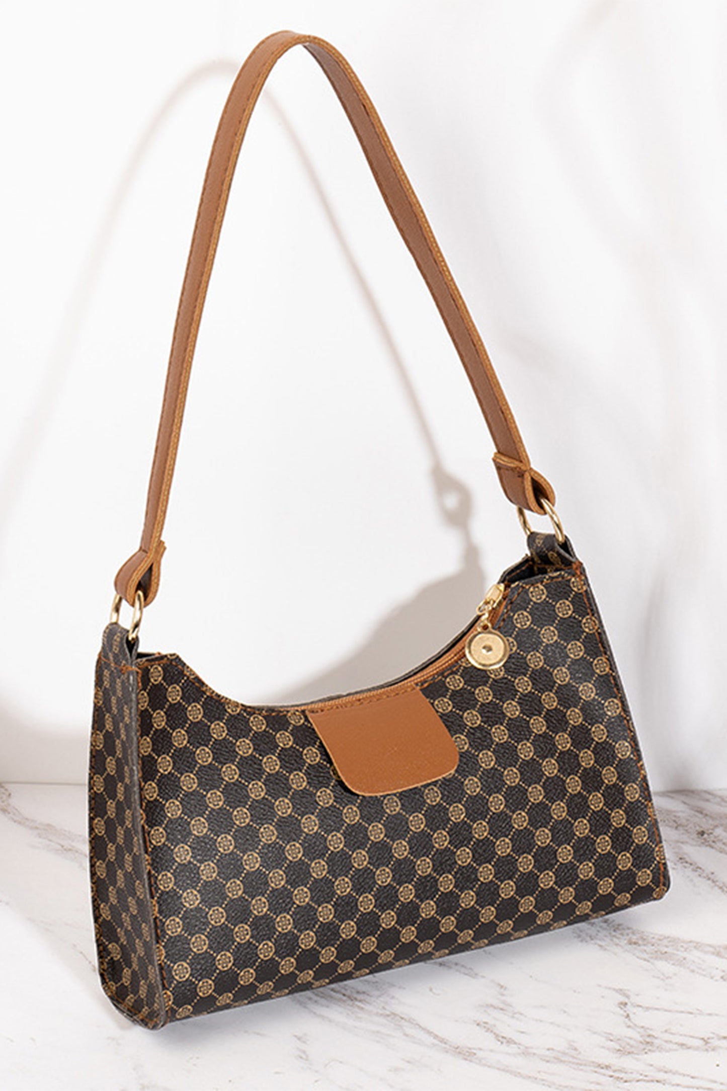 Coffee Luxury Inspired Print PU Leather Shoulder Bag