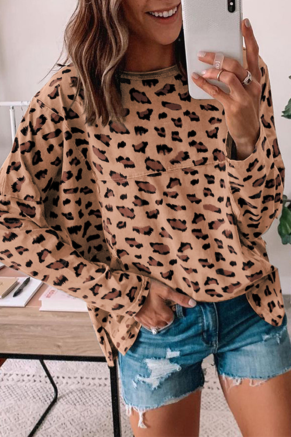 Brown Animal Print Stitching Loose Long Sleeve Top