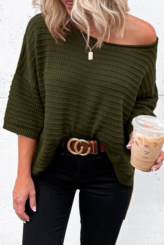 Green Textured Knit Drop Shoulder Short Sleeve Sweater
