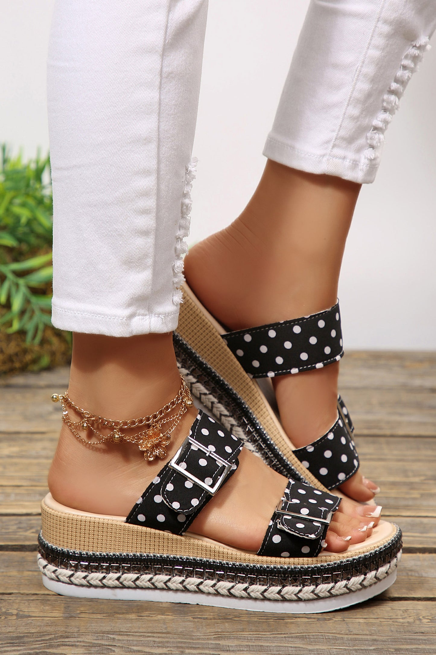 White Polka Dot Pattern Double Buckle Straps Hollow Out Platform Slippers