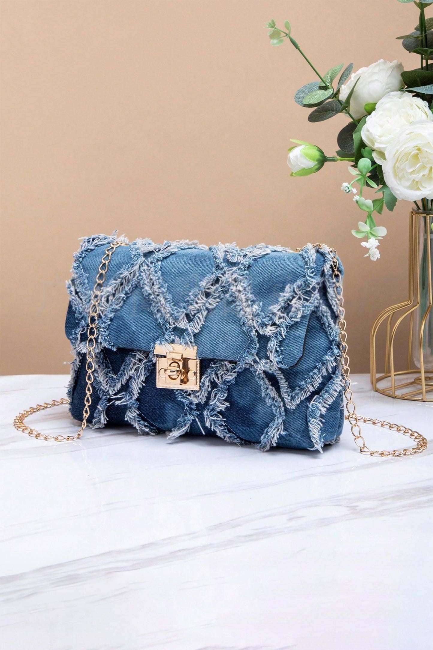 Blue Distressed Lattice Denim Chain Strap Shoulder Bag