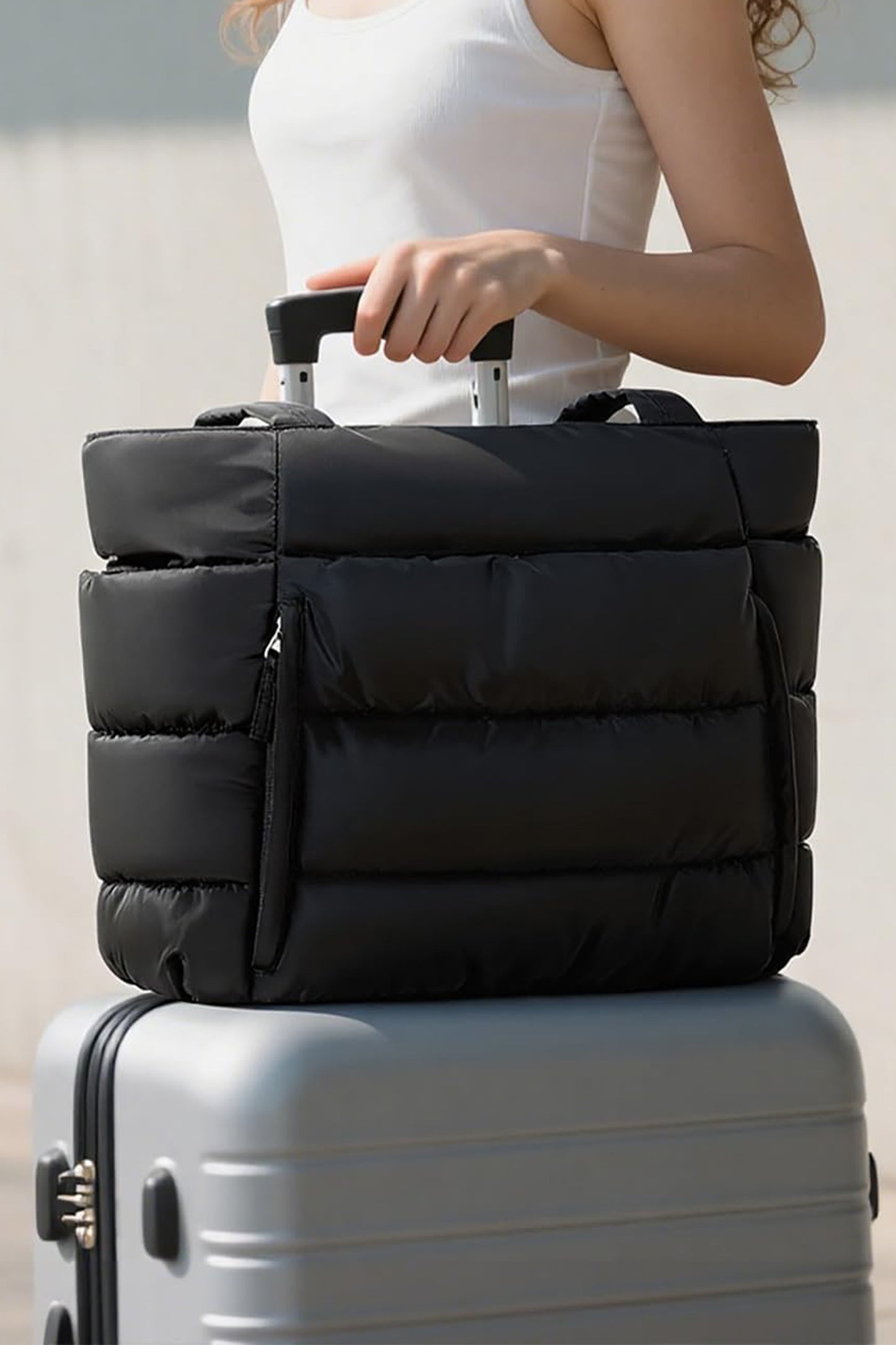 White Solid Color Puffy Quilted Large Tote Bag