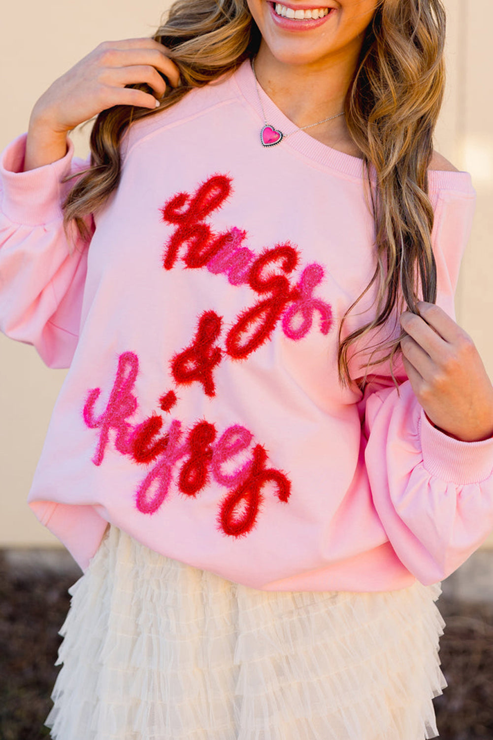 Pink Hugs and Kisses Pop Up Embroidered Raglan Sleeve Sweatshirt