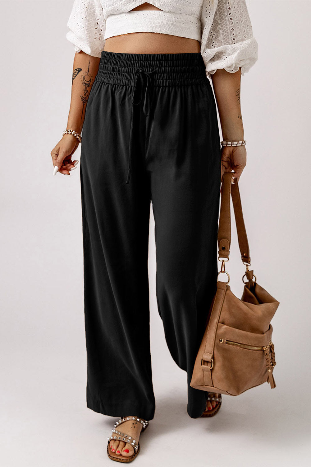 Brown Drawstring Elastic Waist Casual Wide Leg Pants