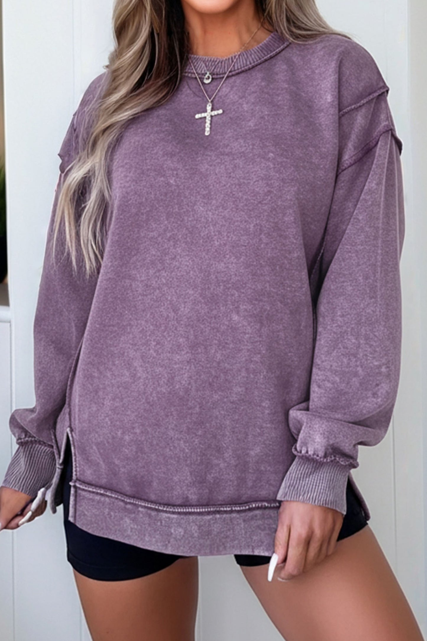 Rose Red Mineral Wash Exposed Seam Side Slit Sweatshirt