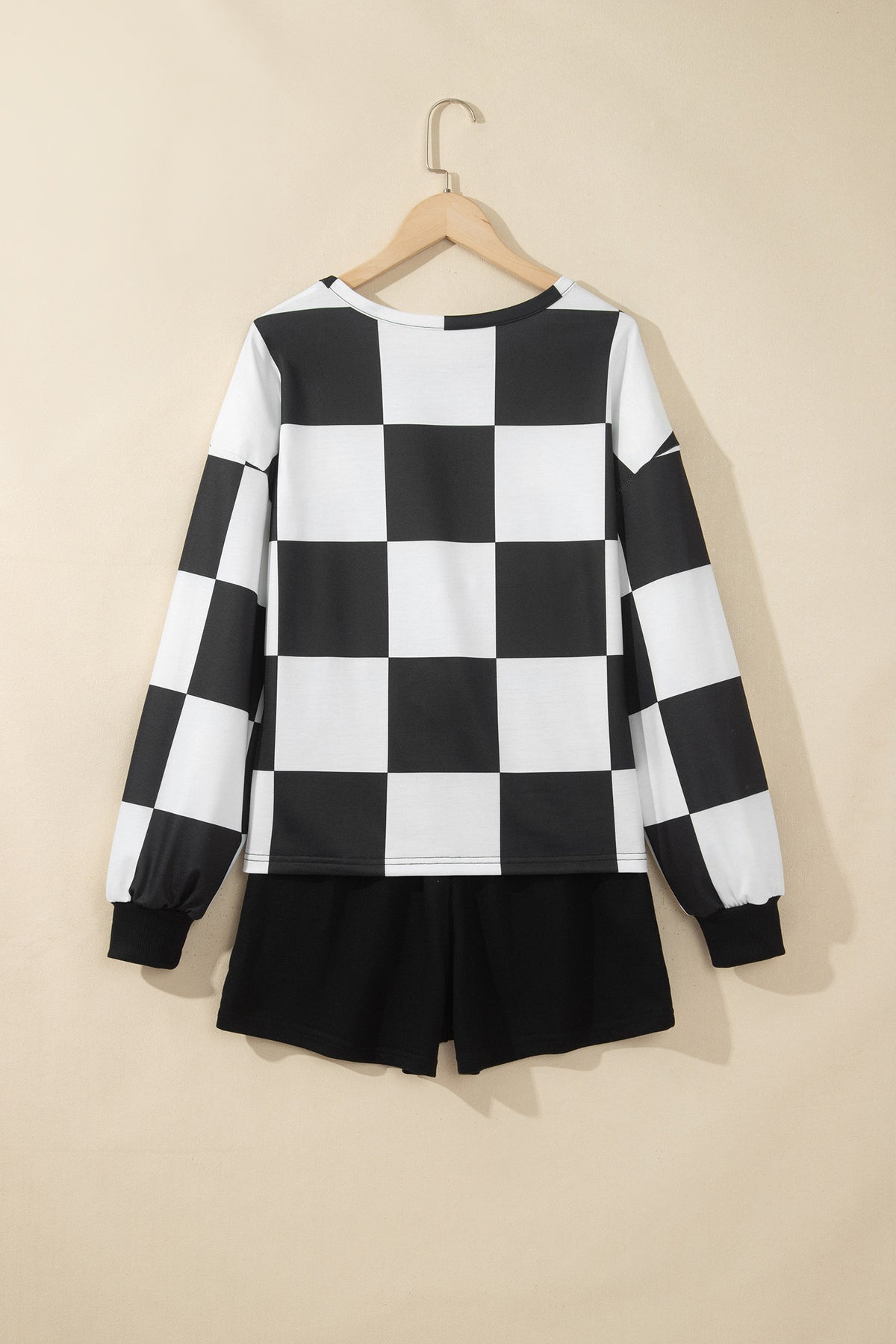 Red Checkerboard Plaid Long Sleeve Solid Color Shorts 2pcs Set