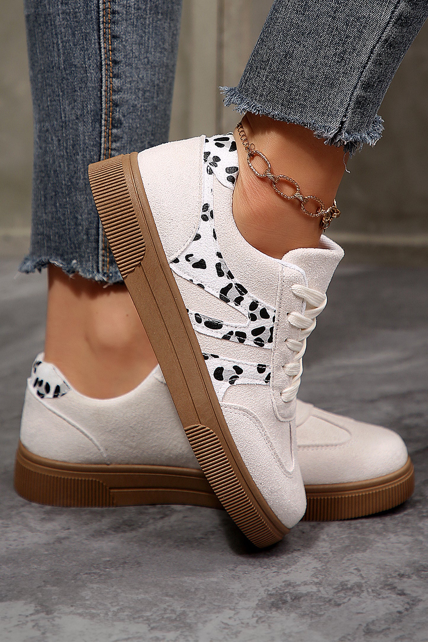 White Suede Leopard Color Block Trim Lace-up Casual Shoes