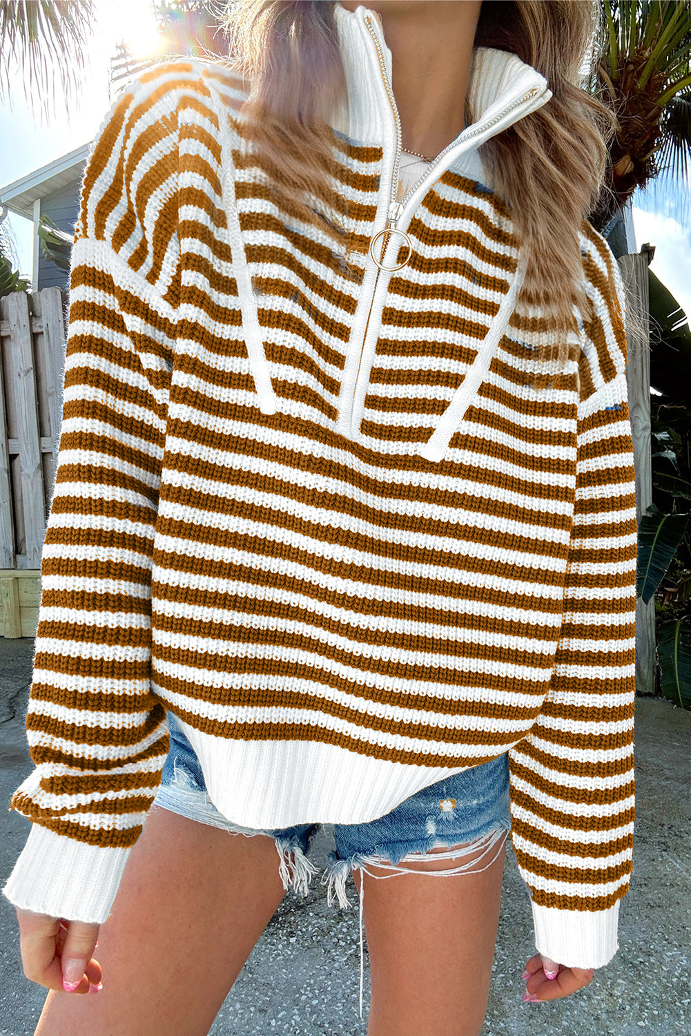 Pink Stripe Zip up Collar Drop Shoulder Sweater