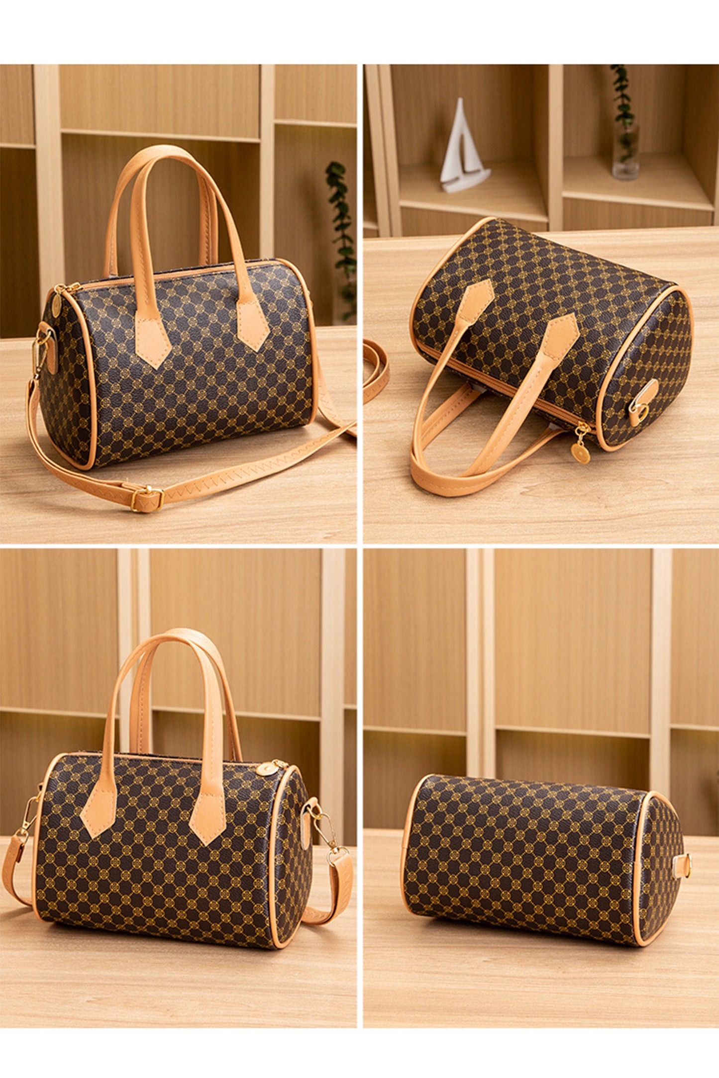 Coffee Retro Geometric Print Portable Shoulder Strap PU Leather Bag