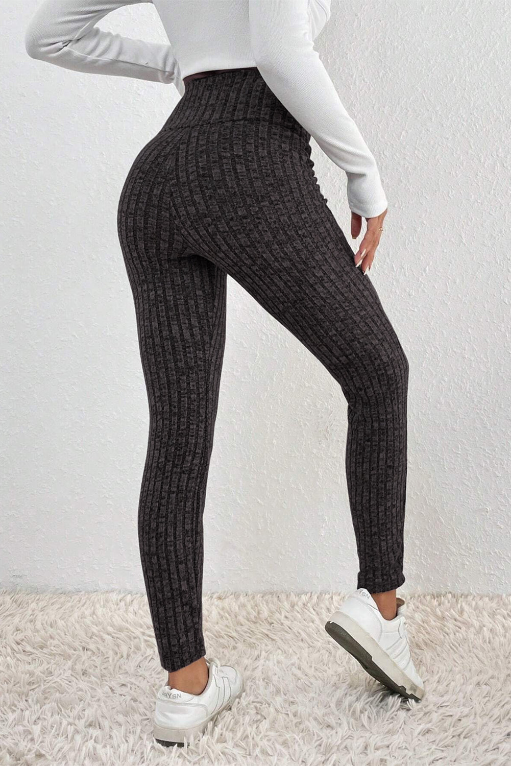 Black Wide Waistband Ribbed Textured Knit Leggings