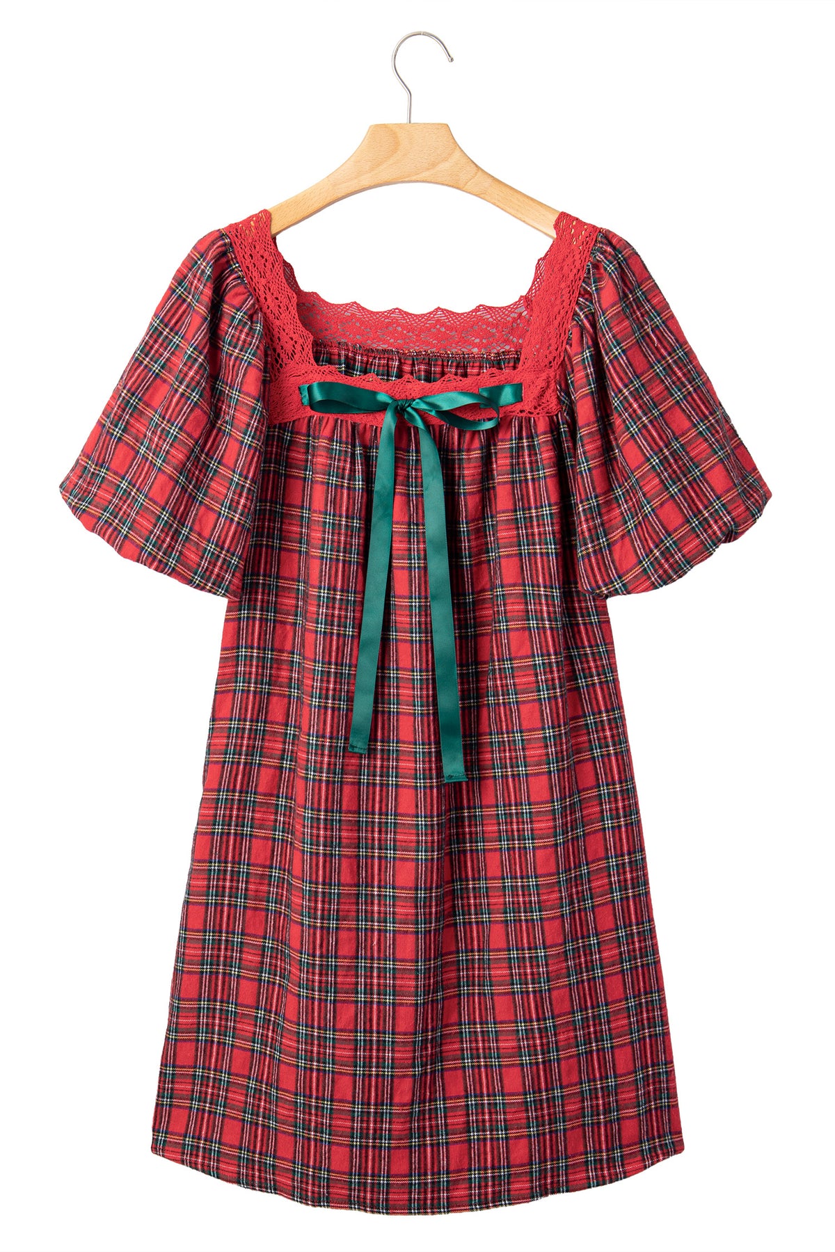 Red Plaid Square Collar Lace Trim Short Sleeve Shift Mini Dress