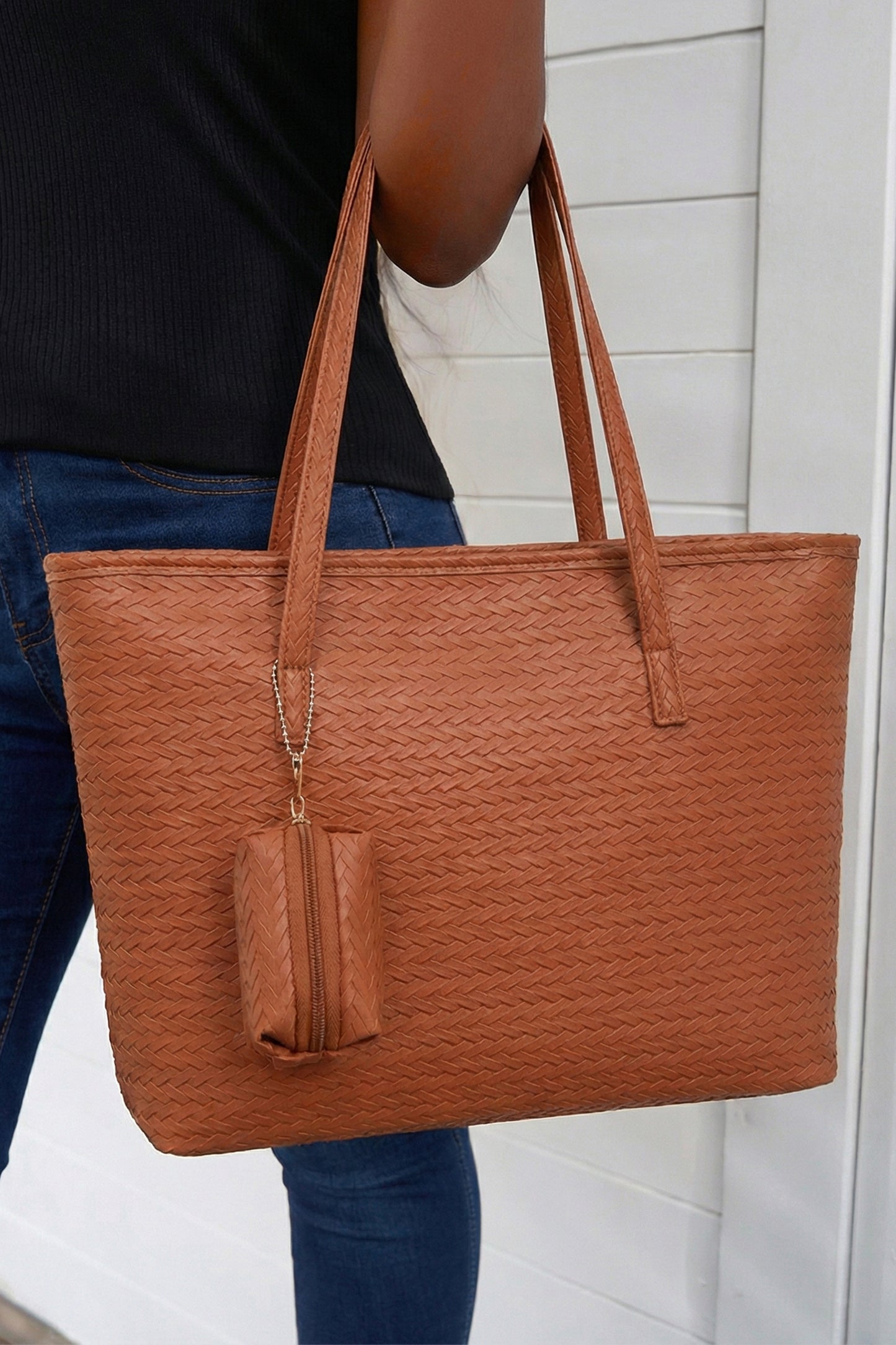 Cinnamon Leatherette Woven Tote Bag with Detachable Pouch