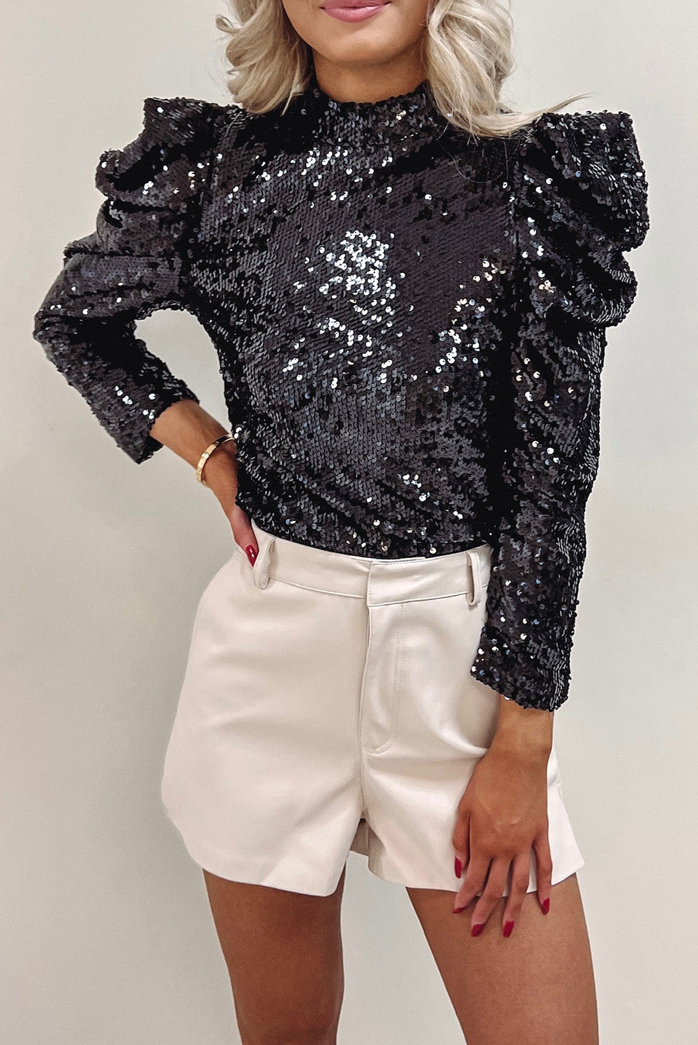 Black Sequin Mock Neck Bubble Sleeve Top