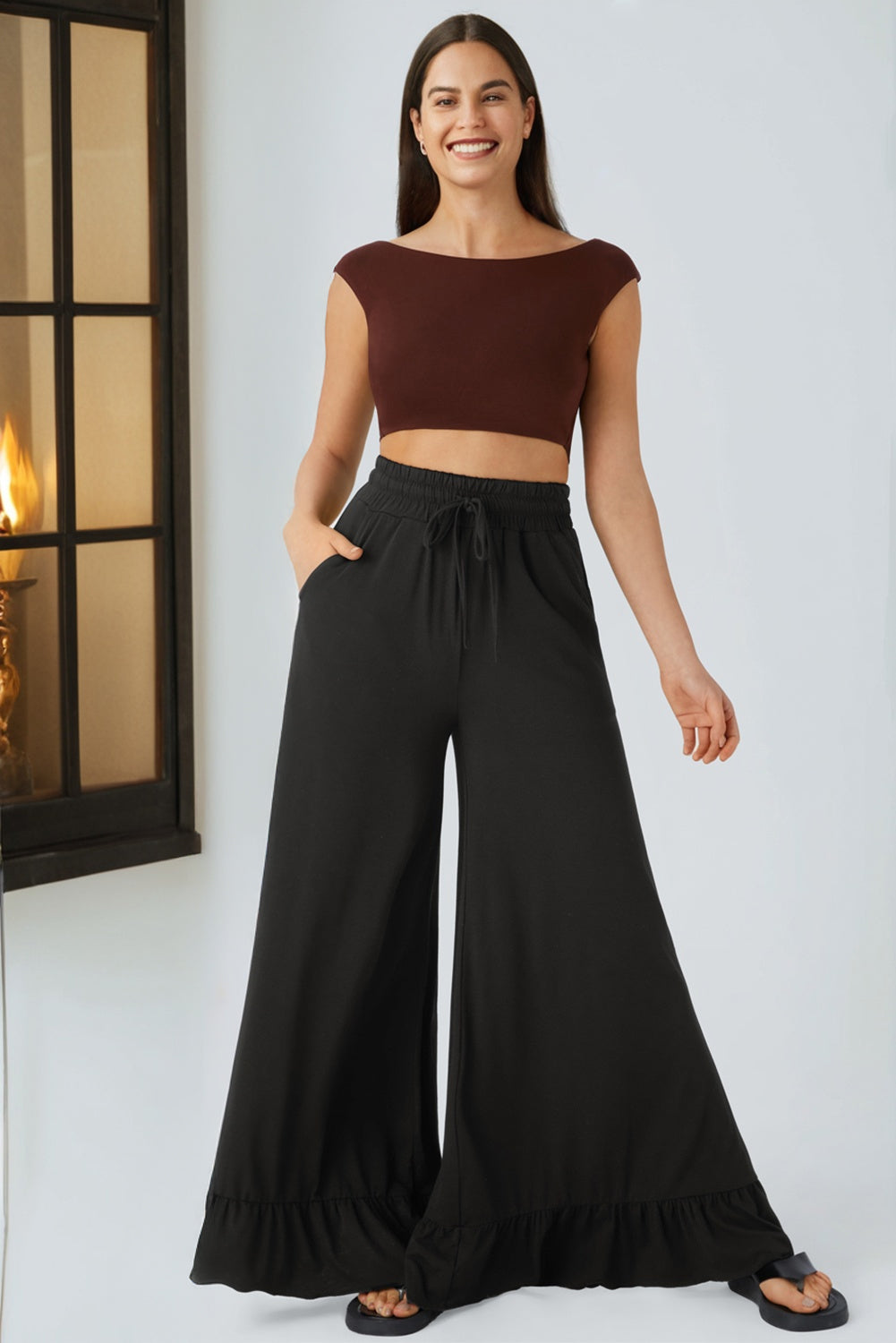 DUNE Ruffled Wide Leg Pull On High Waist Pants with Pockets