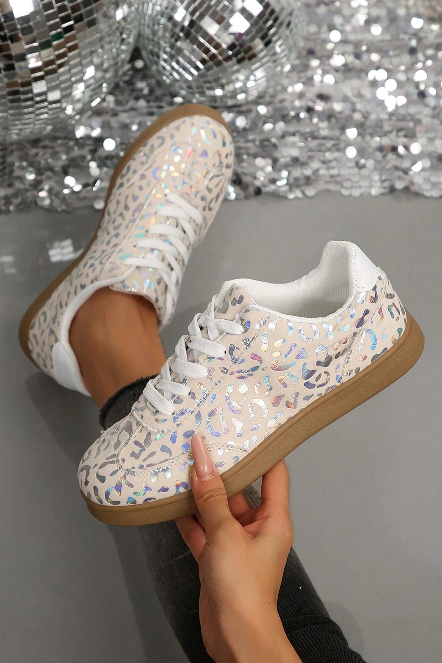 White Shiny Leopard Print Training Shoes