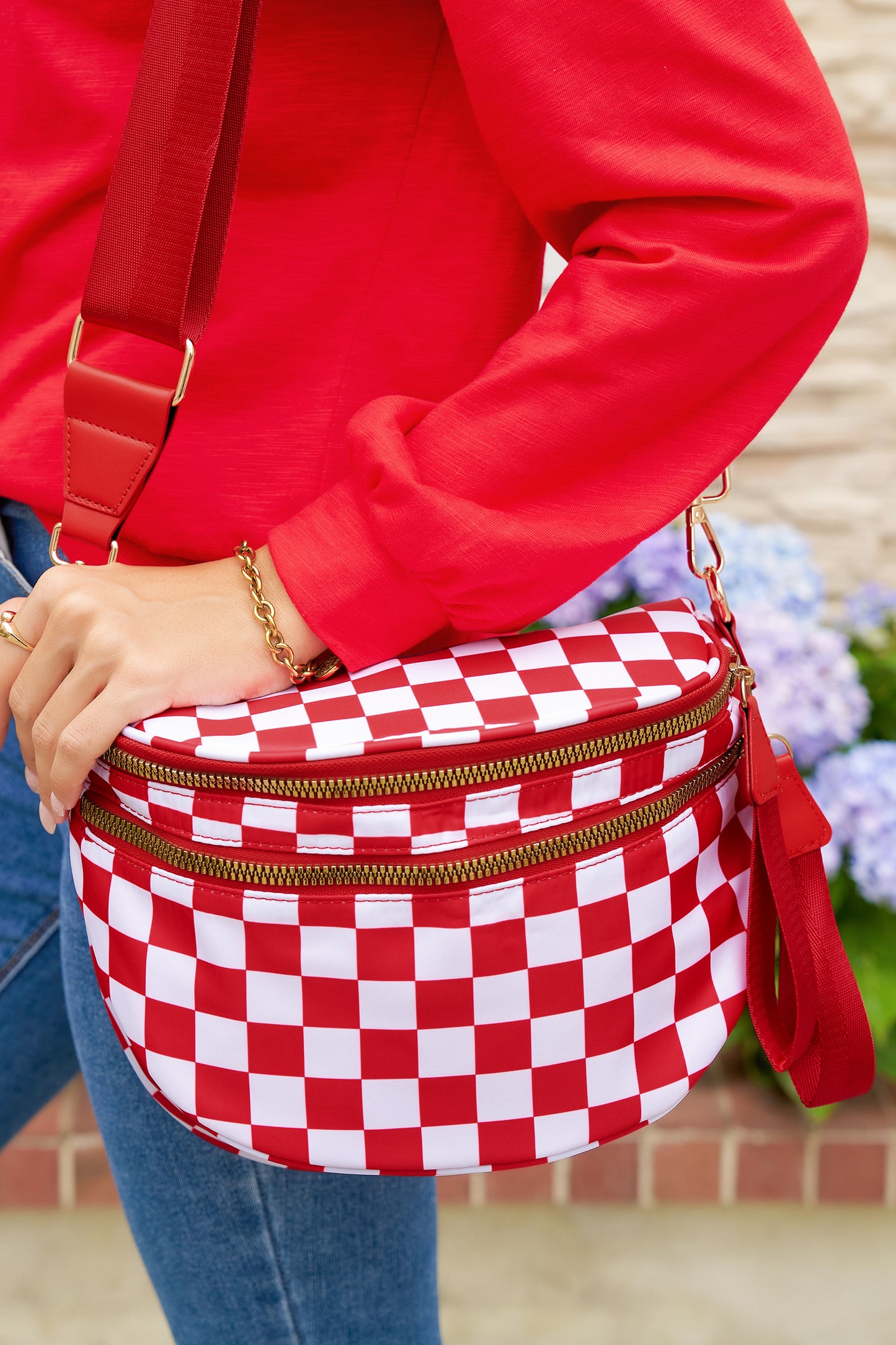 Bright Pink Checkered Print Wide Strap Large Crossbody Bag