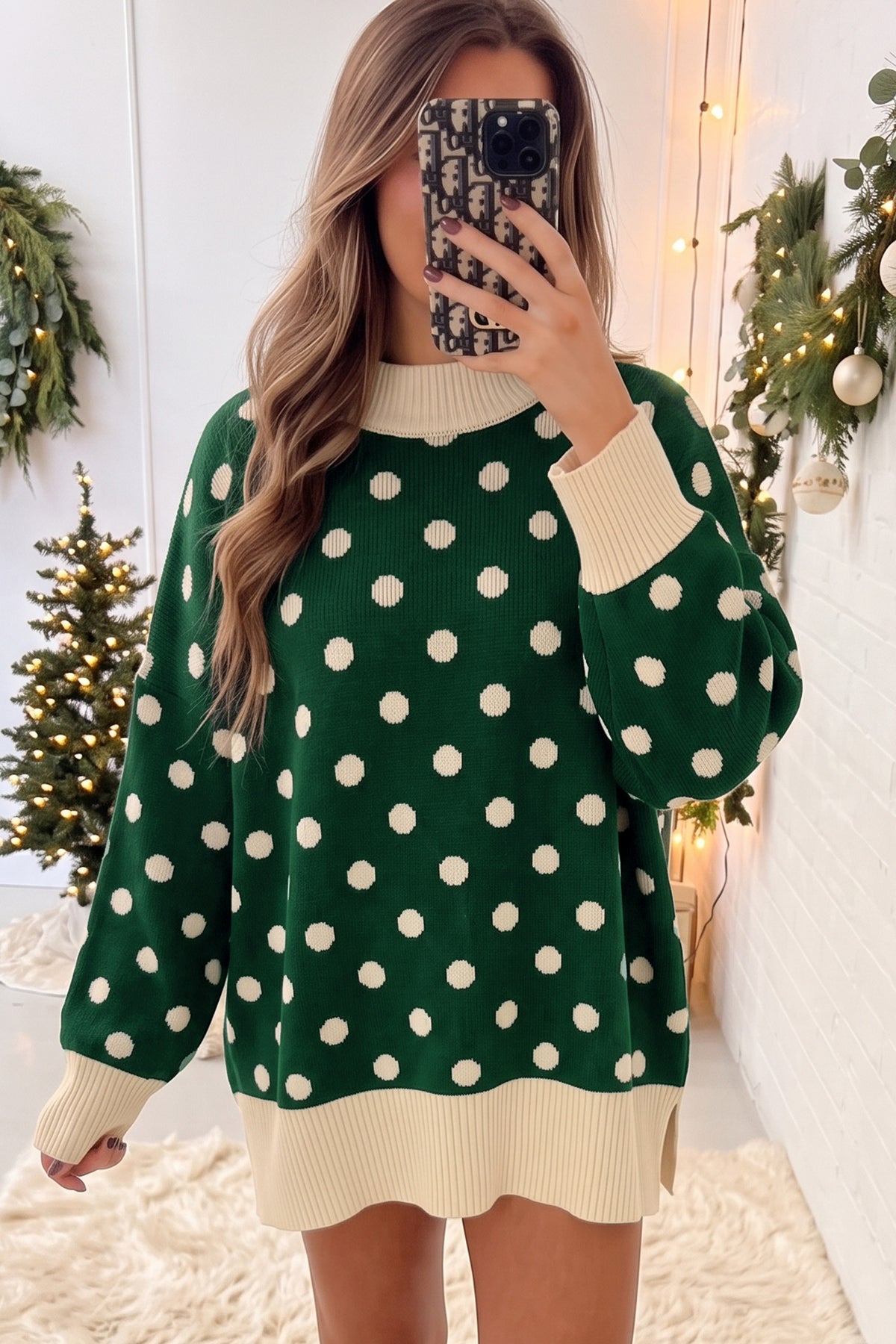 Red Polka Dot Pattern Ribbed Colorblock Trim Split Tunic Sweater