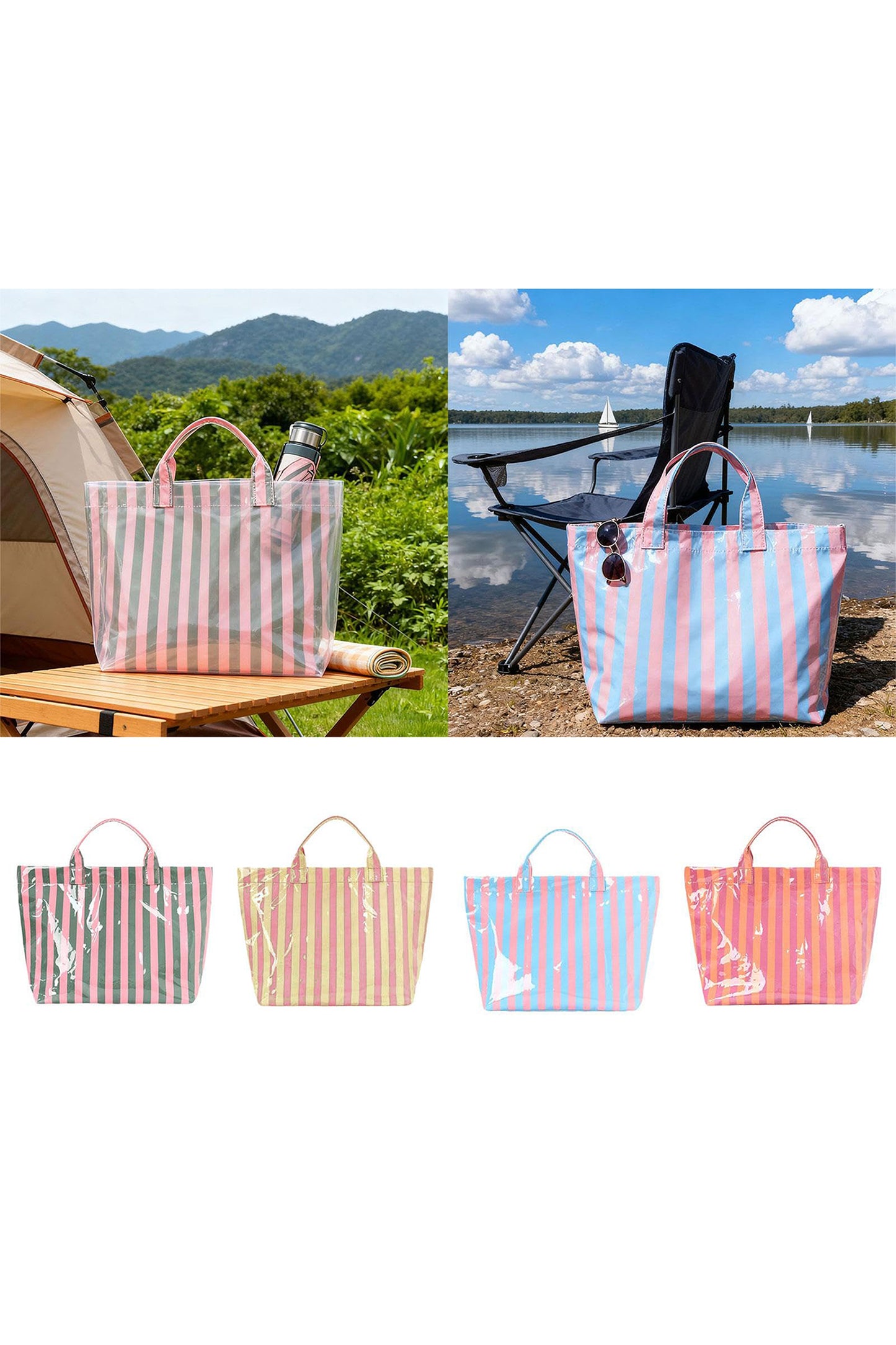 Blackish Green Glossy Striped Vinyl Large Tote Bag (Color Varied)