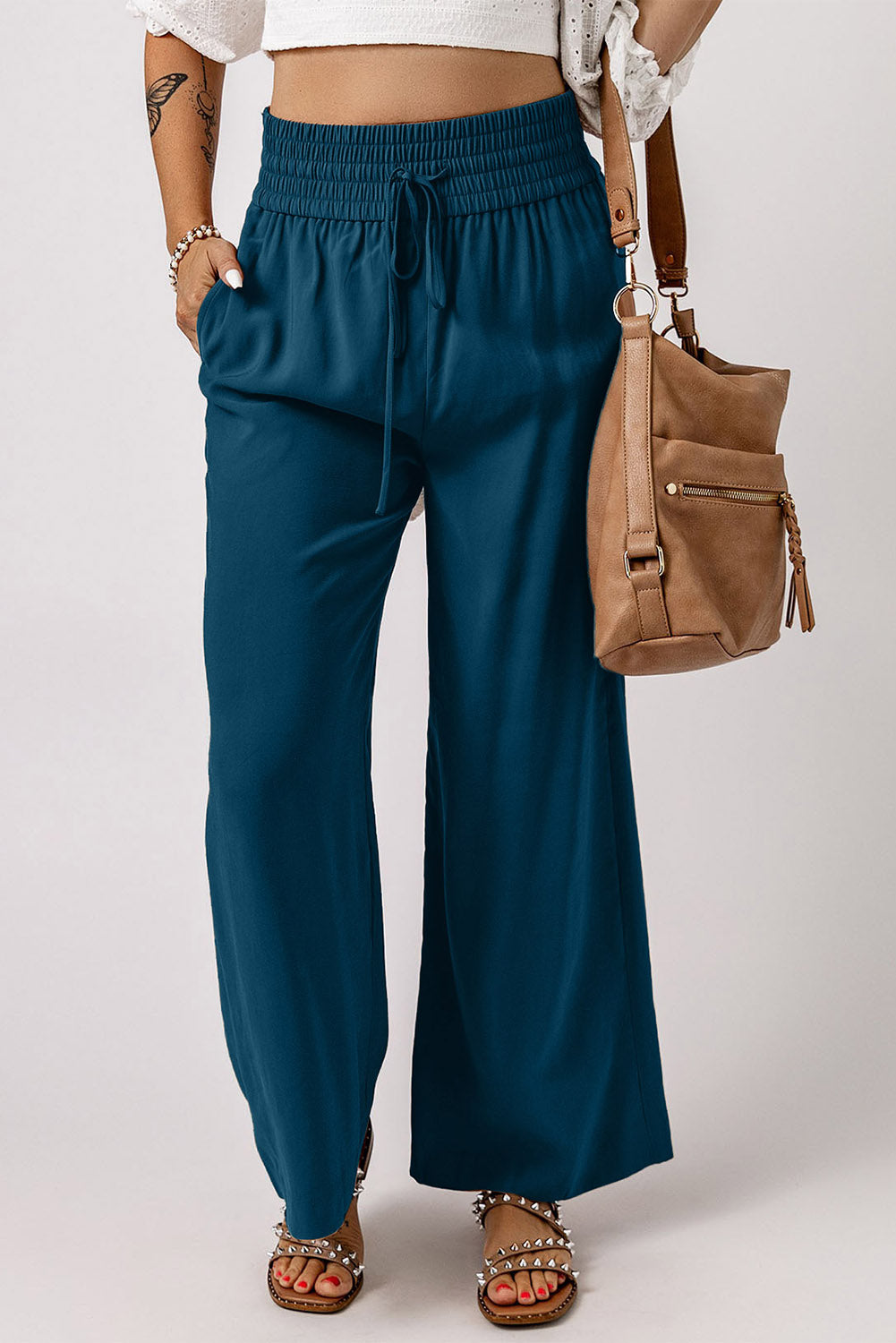 Brown Drawstring Elastic Waist Casual Wide Leg Pants