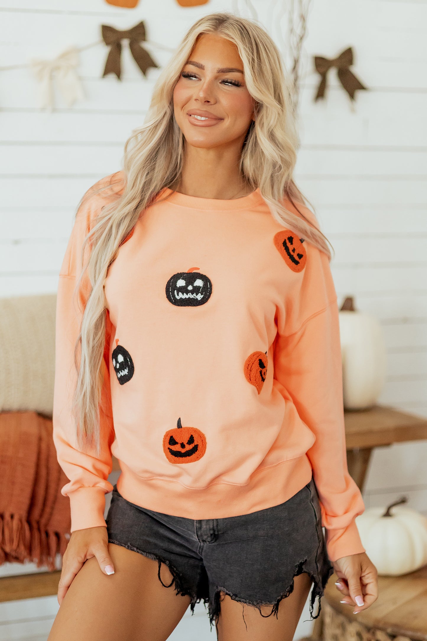 Orange Embroidered Pumpkin Face Drop Shoulder Sweatshirt
