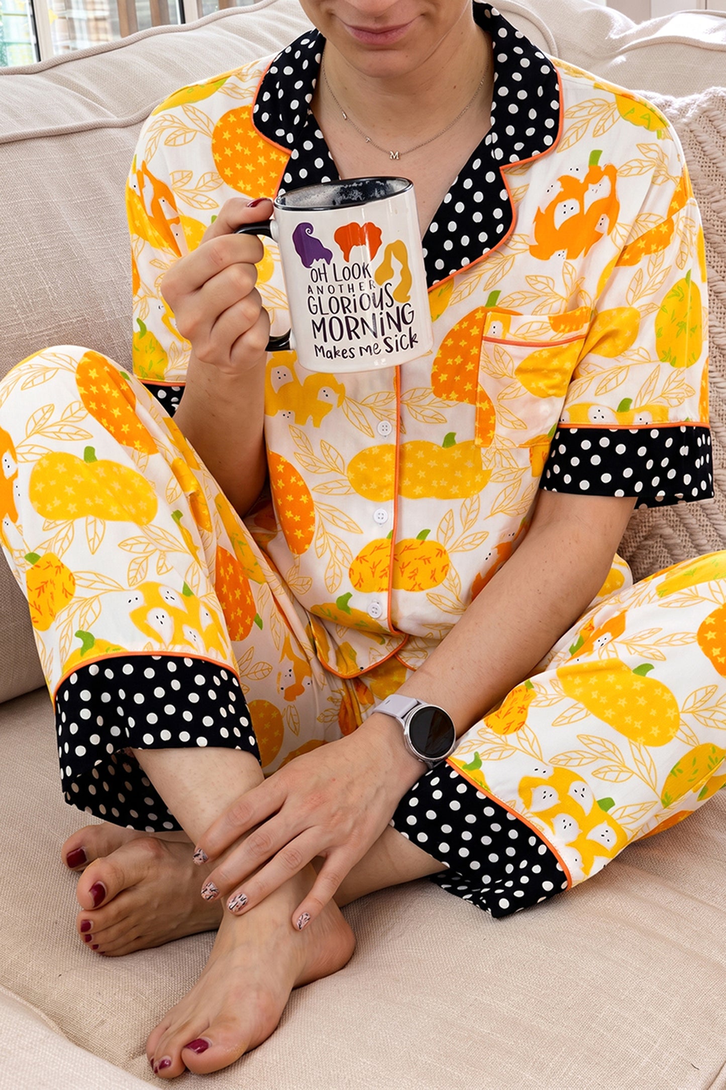 Orange Short Sleeve Pumpkin Print Polka Dot Trim Pocket Pocket Placket Home Wear Lounge Set