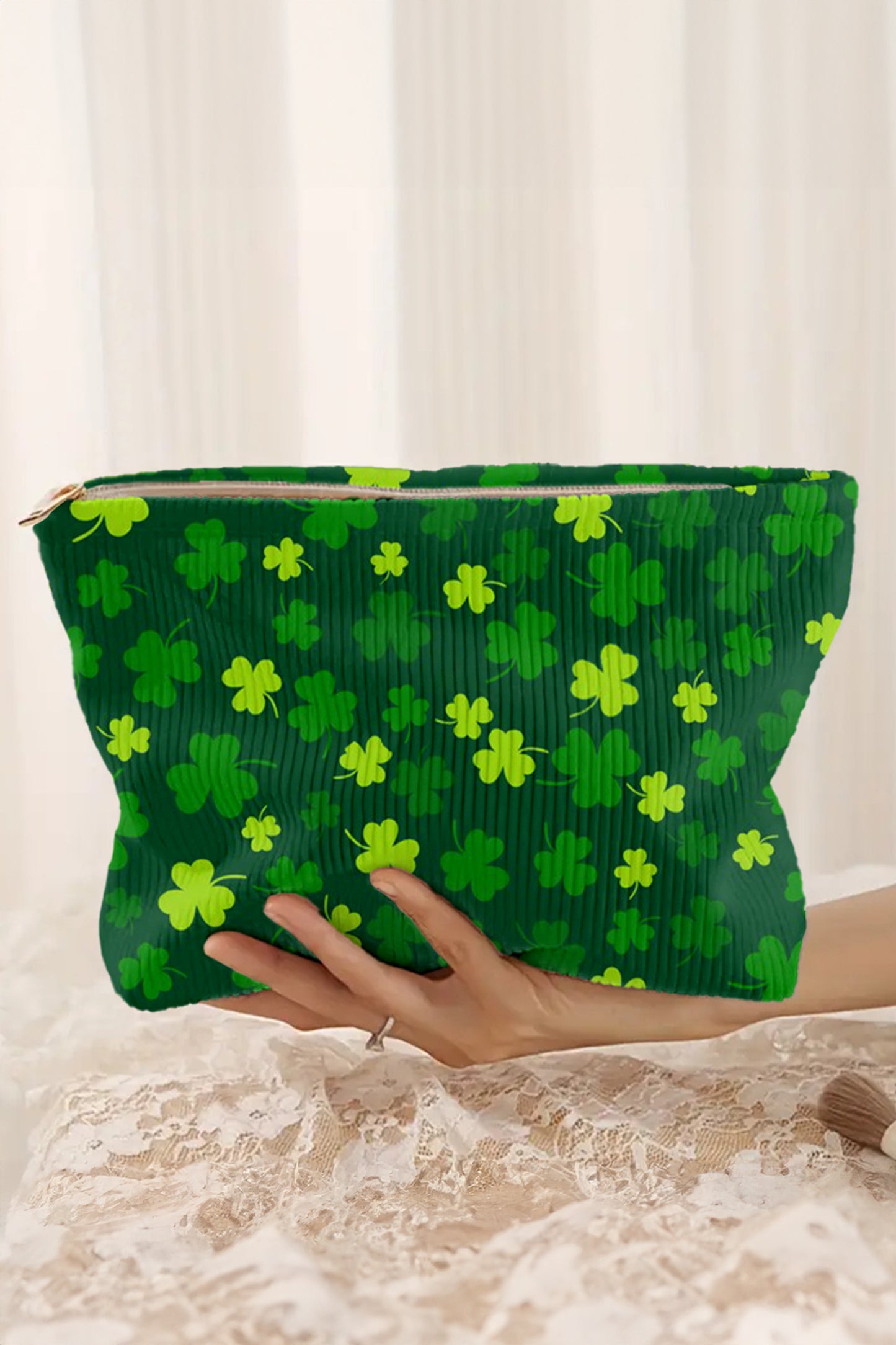 Blackish Green St Patricks Lucky Clover Printed Soft Ribbed Makeup Bag
