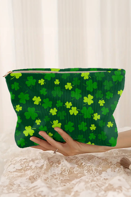 Blackish Green St Patricks Lucky Clover Printed Soft Ribbed Makeup Bag