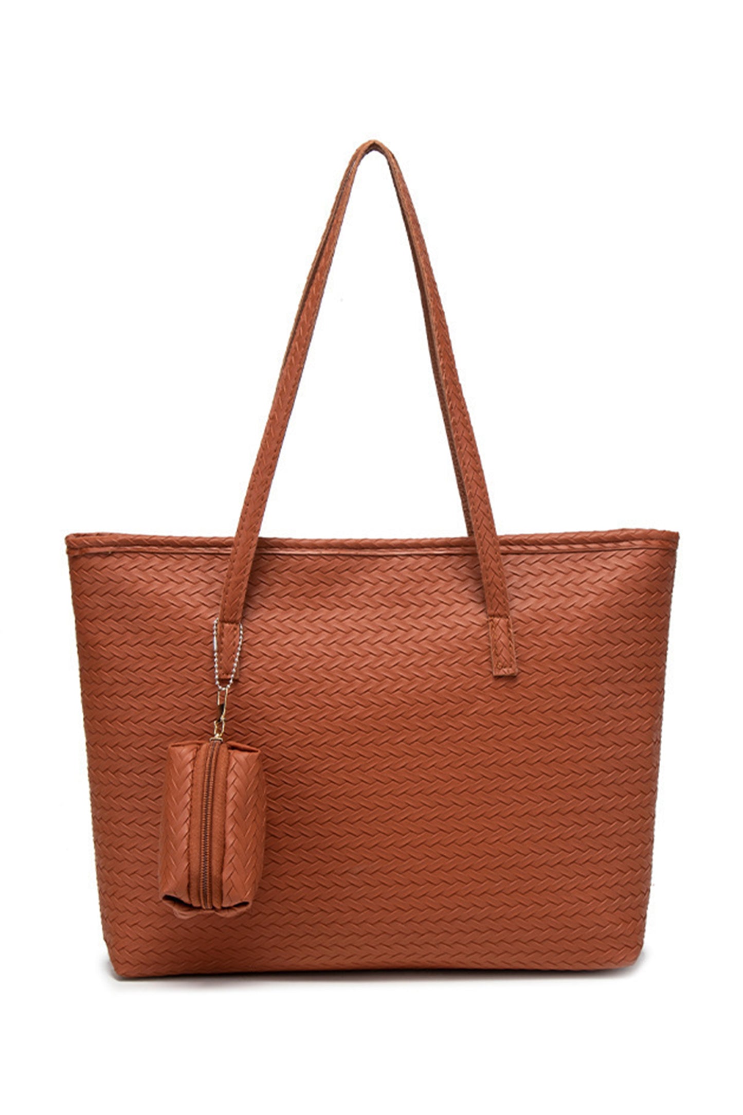 Cinnamon Leatherette Woven Tote Bag with Detachable Pouch