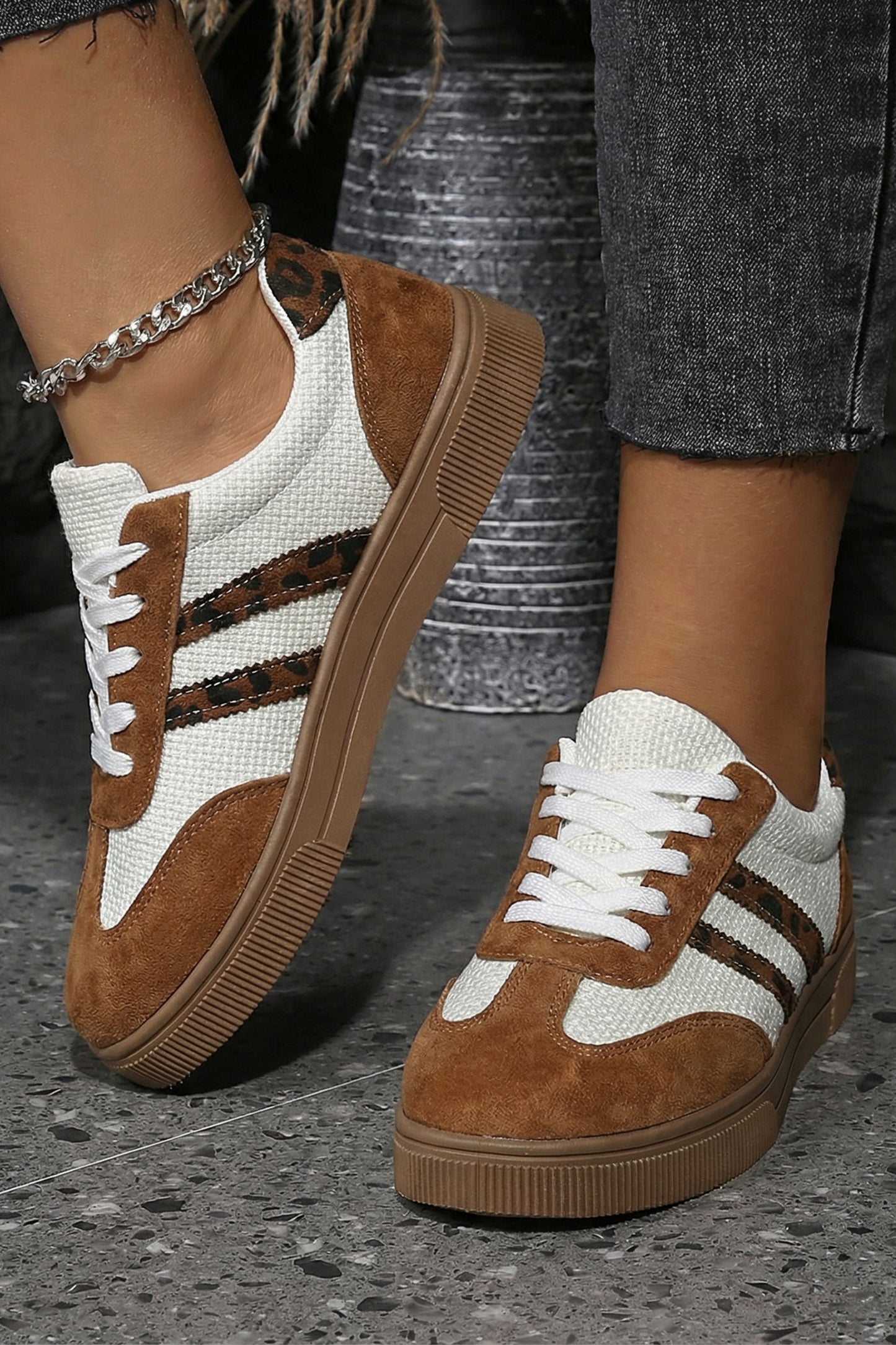 White Textured Woven PU Leather Leopard Patchwork Flat Sneakers