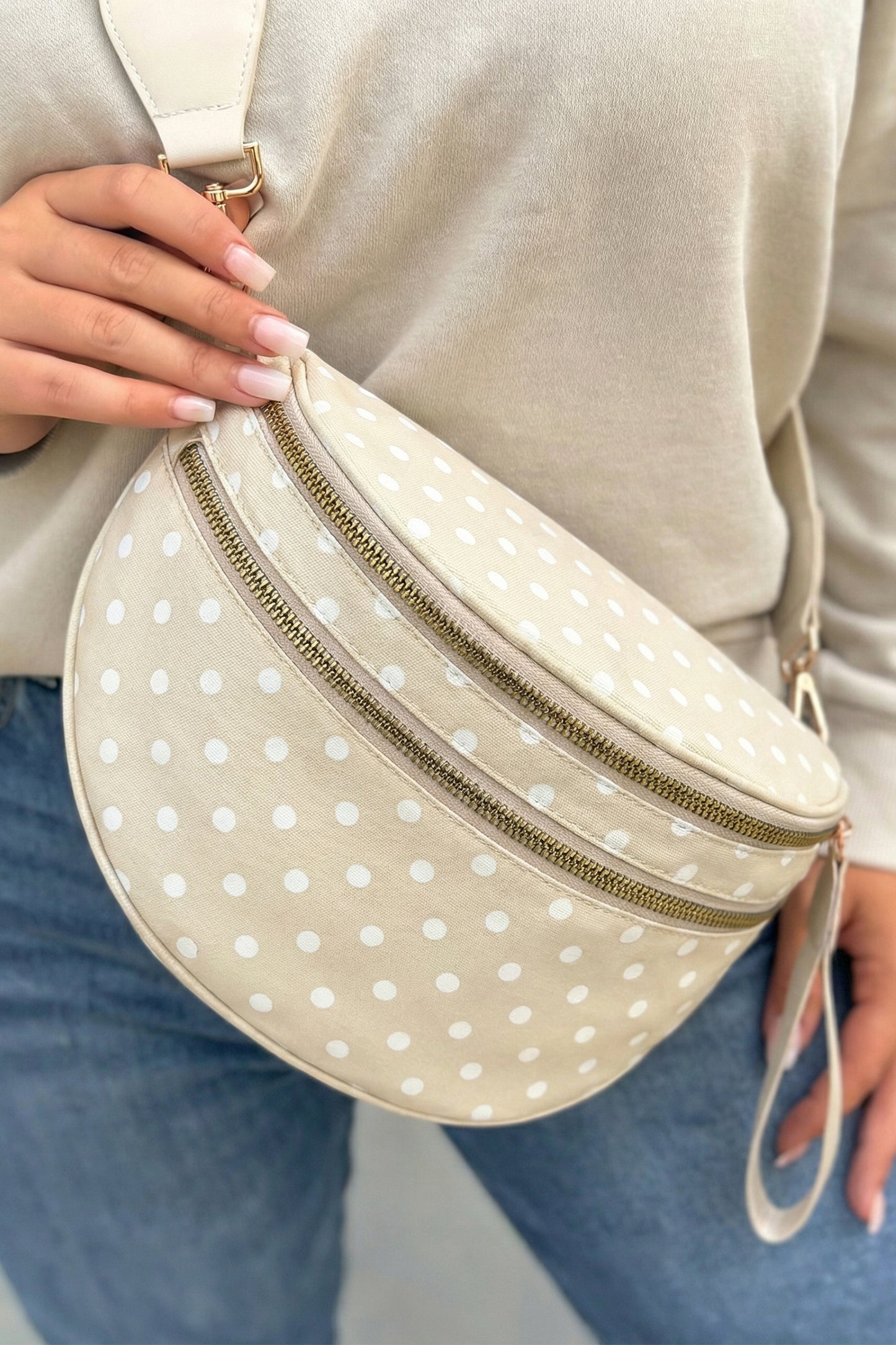 Blackish Green Retro Polka Dot Print Double Zip Crossbody Bag