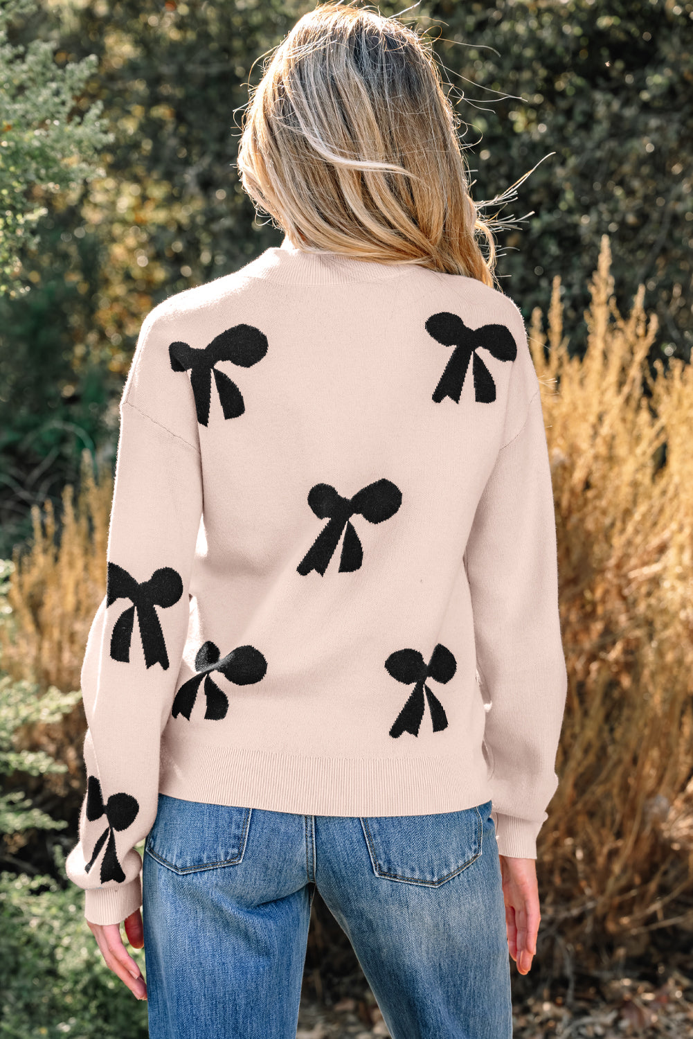 Blackish Green Pearl Embellished Bow Pattern Loose Sweater