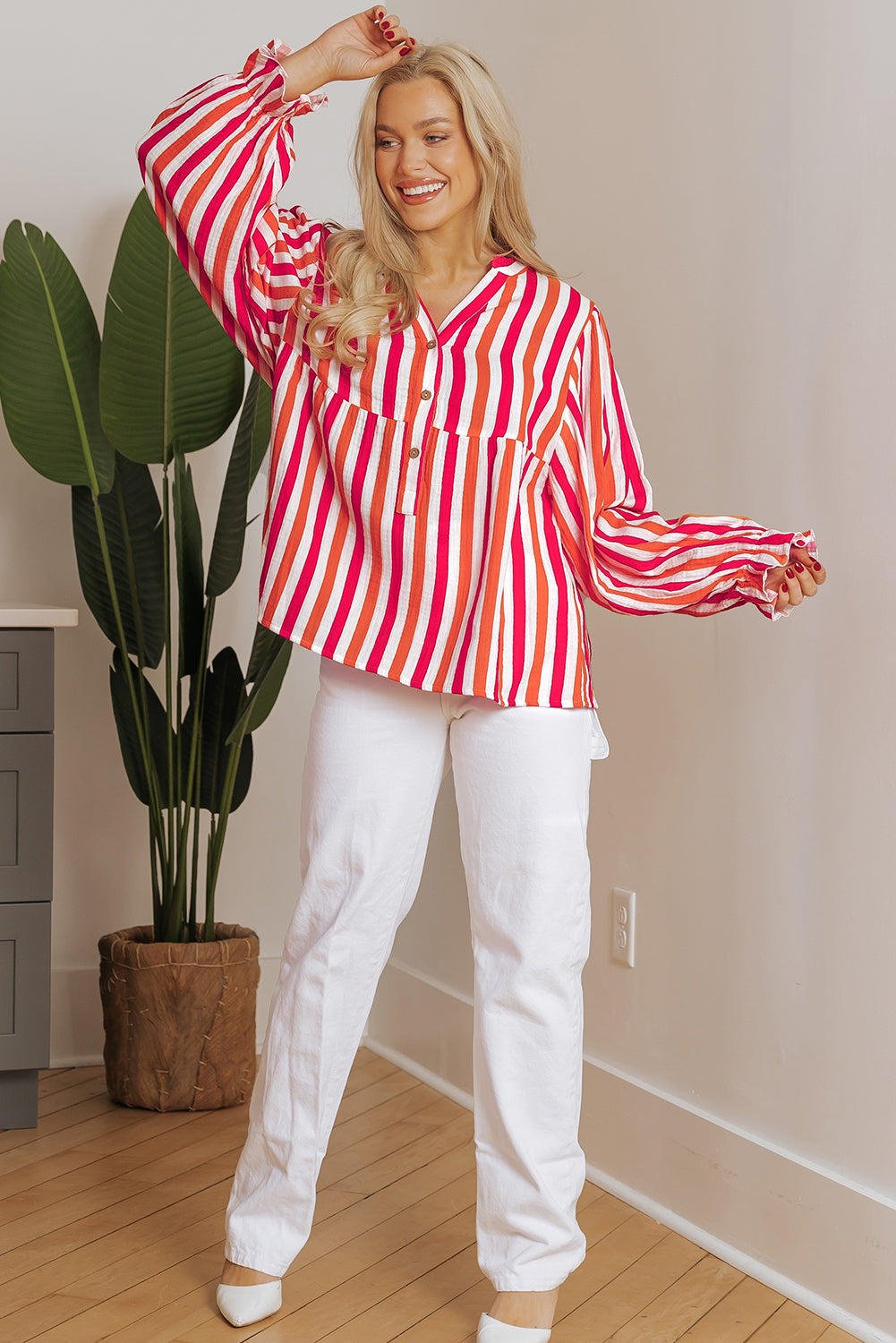 Orange Stripe Balloon Sleeve Notched V Neck Buttoned Front Blouse