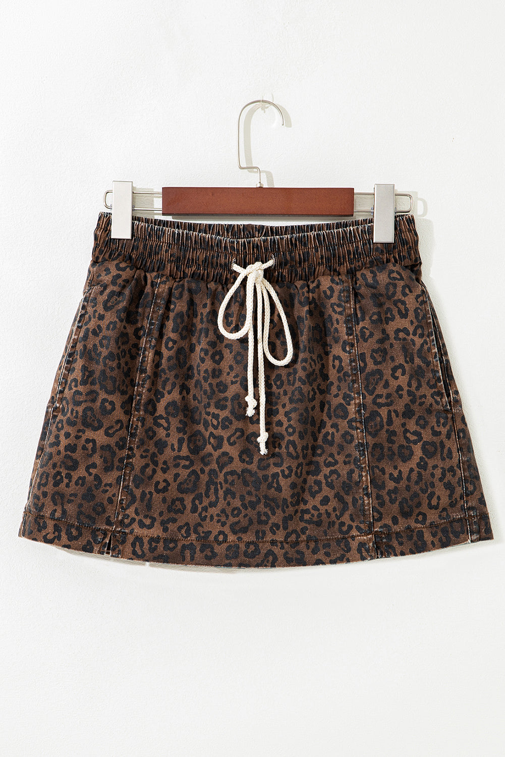 Brown Leopard Print Elastic Waist Drawstring Denim Skort