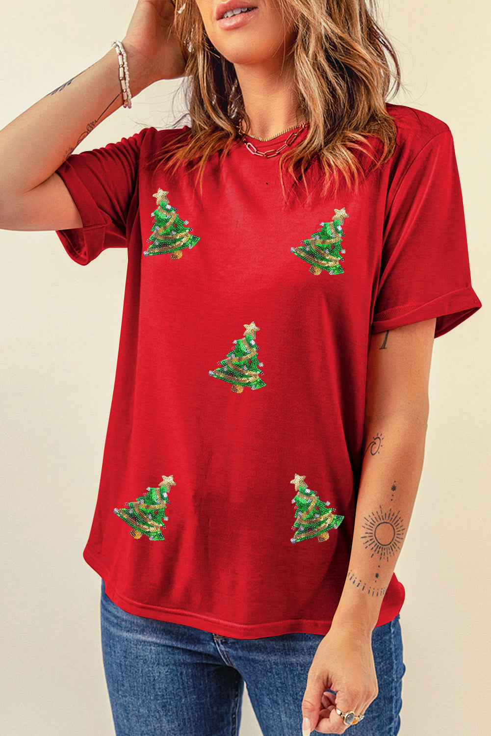 Red Sequined Christmas Tree Graphic Crewneck T Shirt